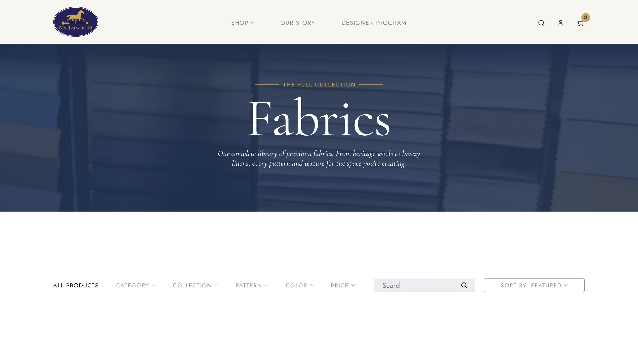 Fabrics collection page design: a navy banner over stacked fabric sample books with the heading "Fabrics", then a filter bar with All Products, Category, Collection, Pattern, Color and Price menus, a search field and Sort By