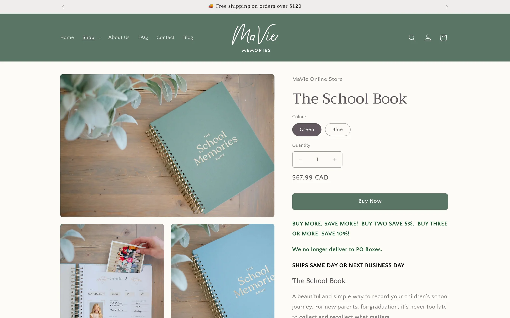 Mavie Memories School Book product page with Green and Blue colour options, quantity stepper and tiered discount message.