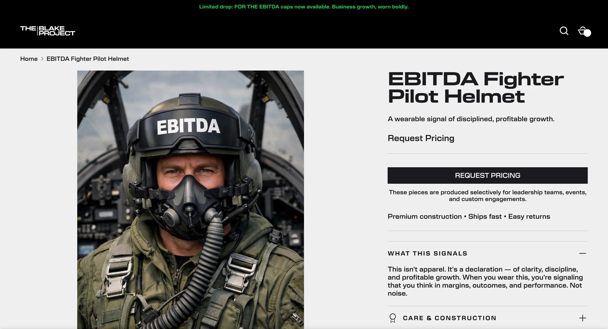 EBITDA Fighter Pilot Helmet product page where the price and add to cart are replaced by a Request Pricing button and a note on team and custom orders