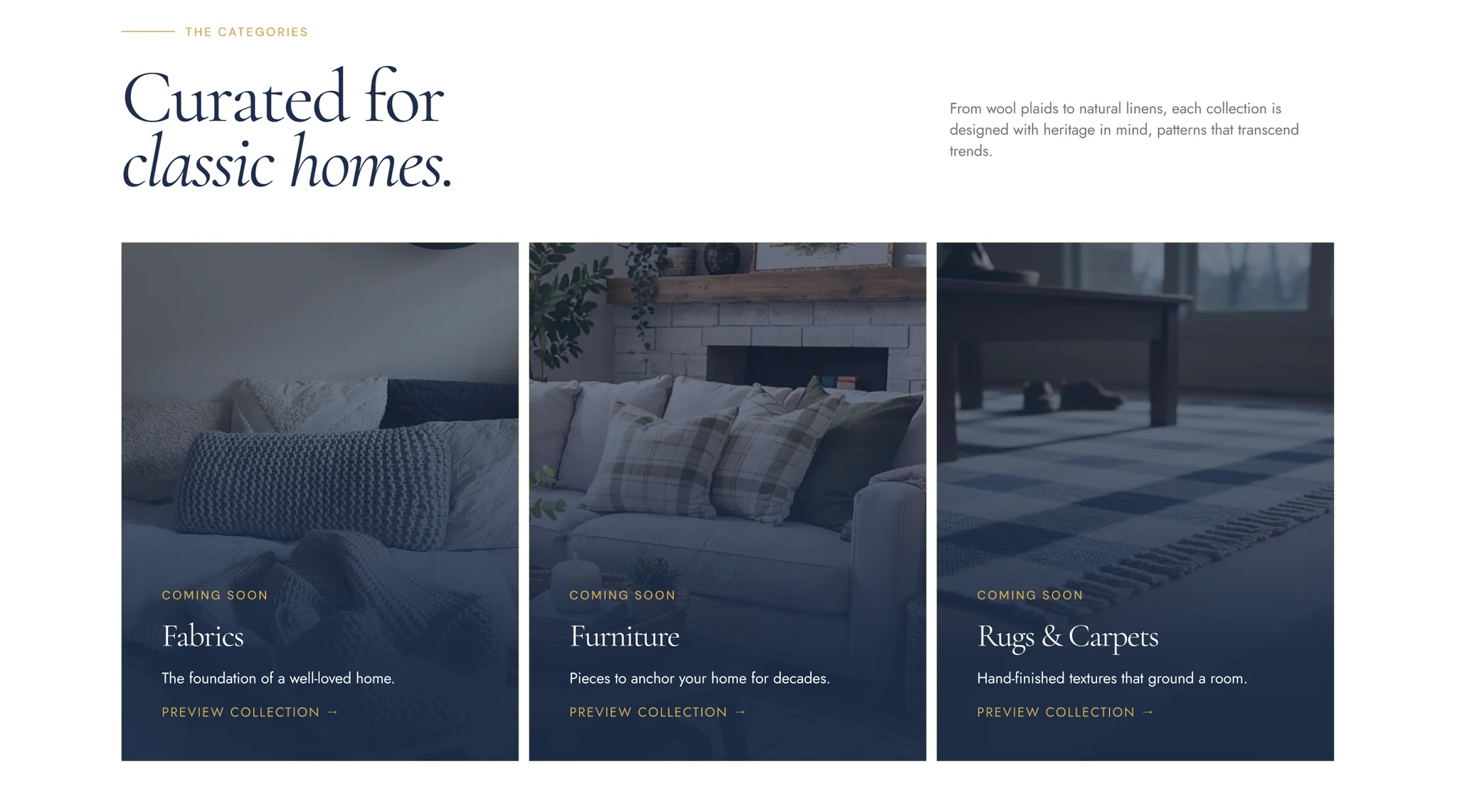 "Curated for classic homes." section with three navy-tinted room photos for Fabrics, Furniture and Rugs & Carpets, each marked Coming Soon with a Preview Collection link