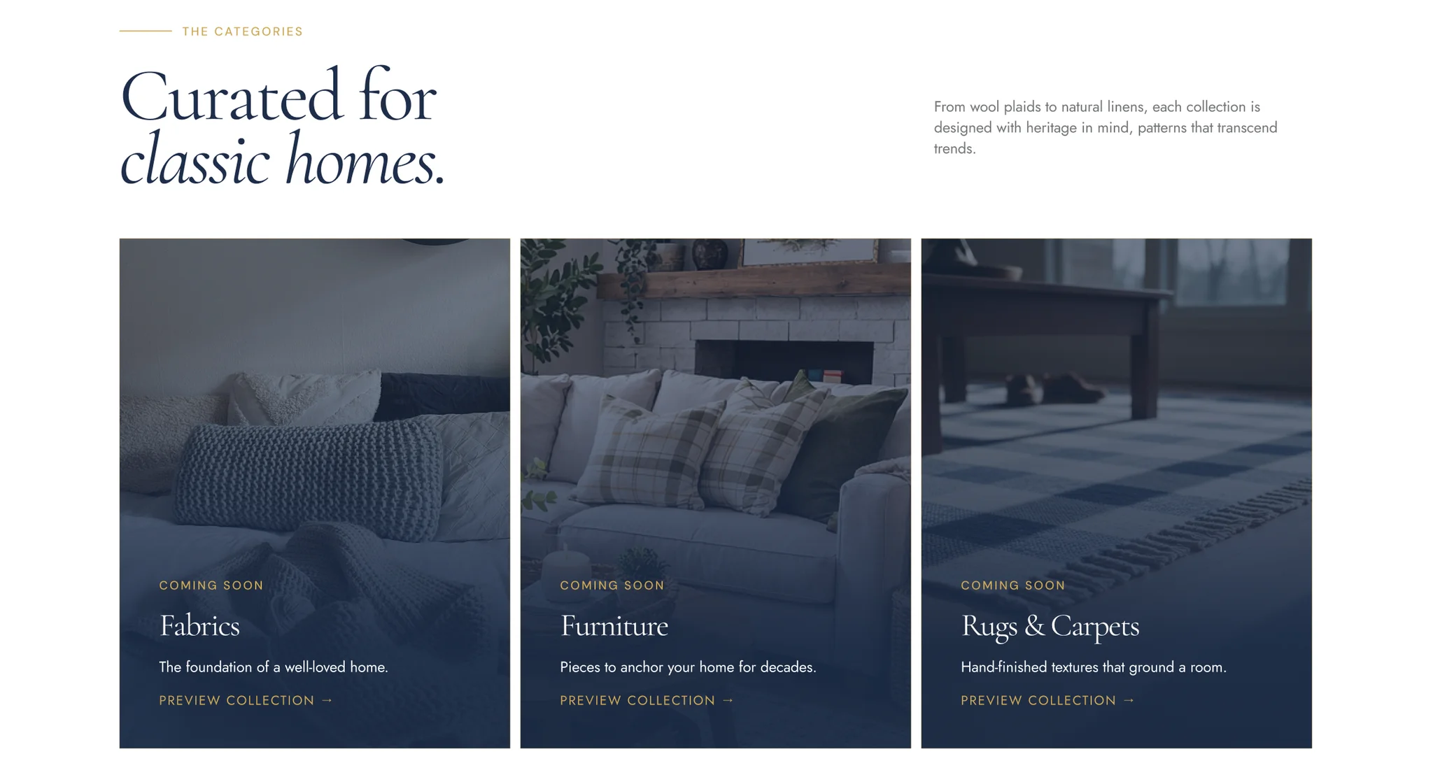 "Curated for classic homes." section with three navy-tinted room photos for Fabrics, Furniture and Rugs & Carpets, each marked Coming Soon with a Preview Collection link