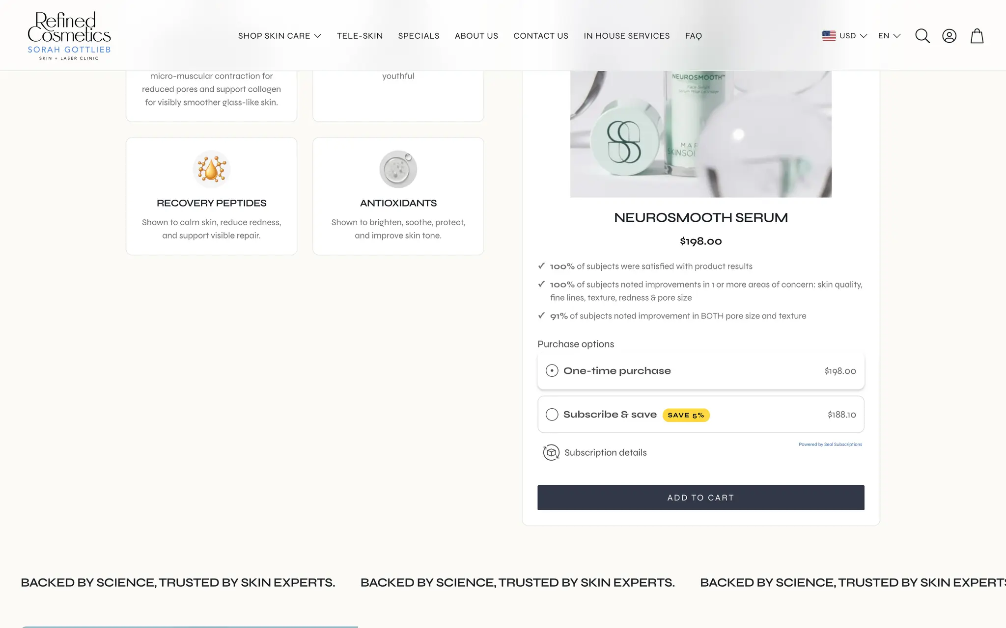 NeuroSmooth Serum feature block on Refined Cosmetics showing key-ingredient cards beside purchase options for a one-time purchase or Subscribe & save at 5% off.