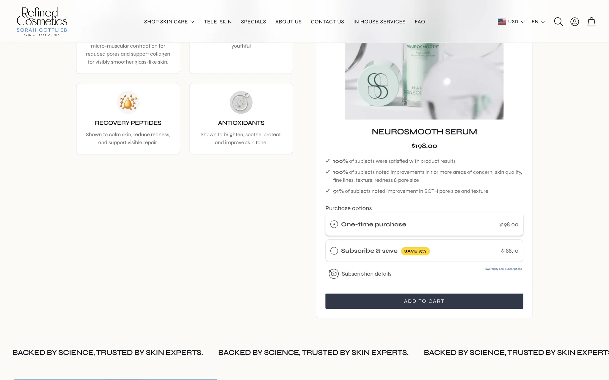 NeuroSmooth Serum feature block on Refined Cosmetics showing key-ingredient cards beside purchase options for a one-time purchase or Subscribe & save at 5% off.