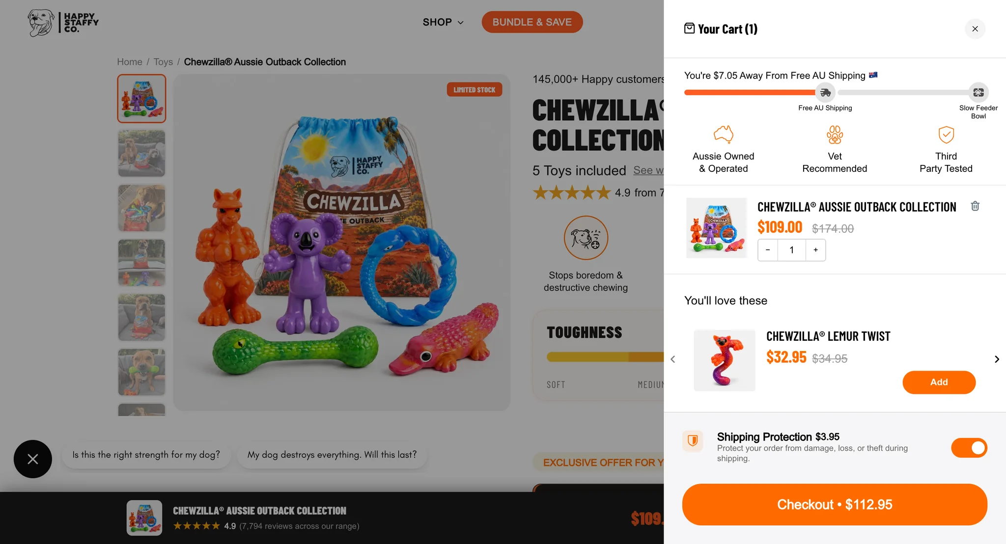 Slide cart open over a product page, with a bar showing $7.05 to go to free AU shipping and a slow feeder bowl gift, the Chewzilla collection in the cart, a toy suggestion and shipping protection