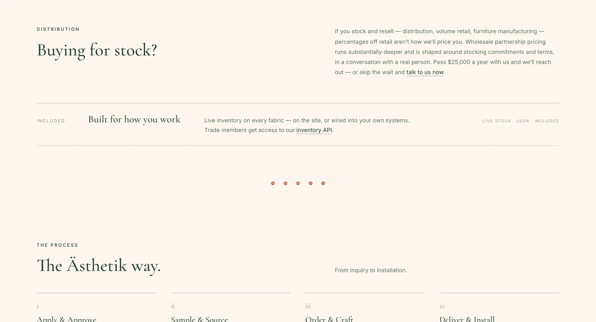 Trade page section "Buying for stock?" with distribution copy and a "Built for how you work" block offering live inventory through an API for trade members