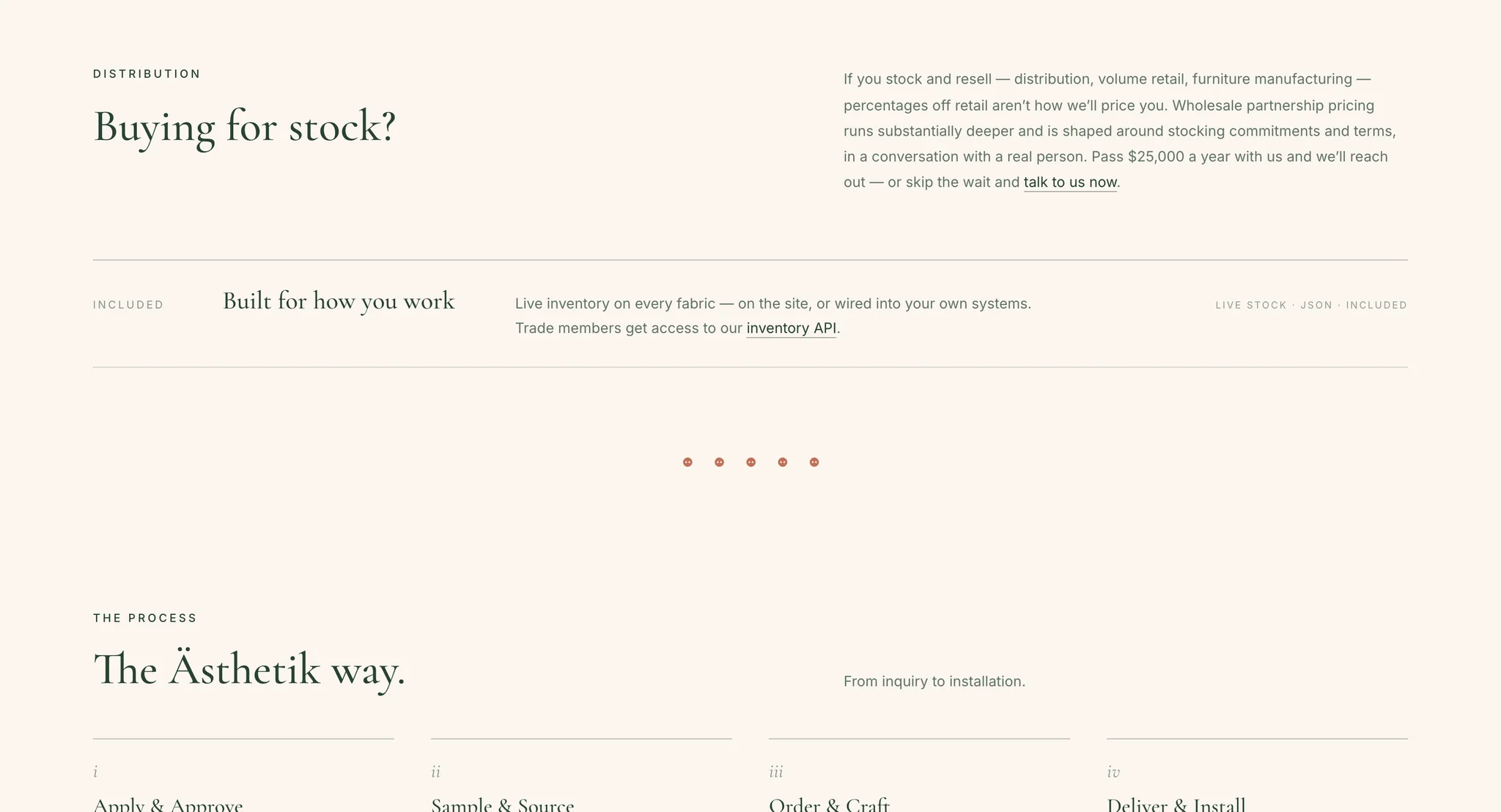 Trade page section "Buying for stock?" with distribution copy and a "Built for how you work" block offering live inventory through an API for trade members