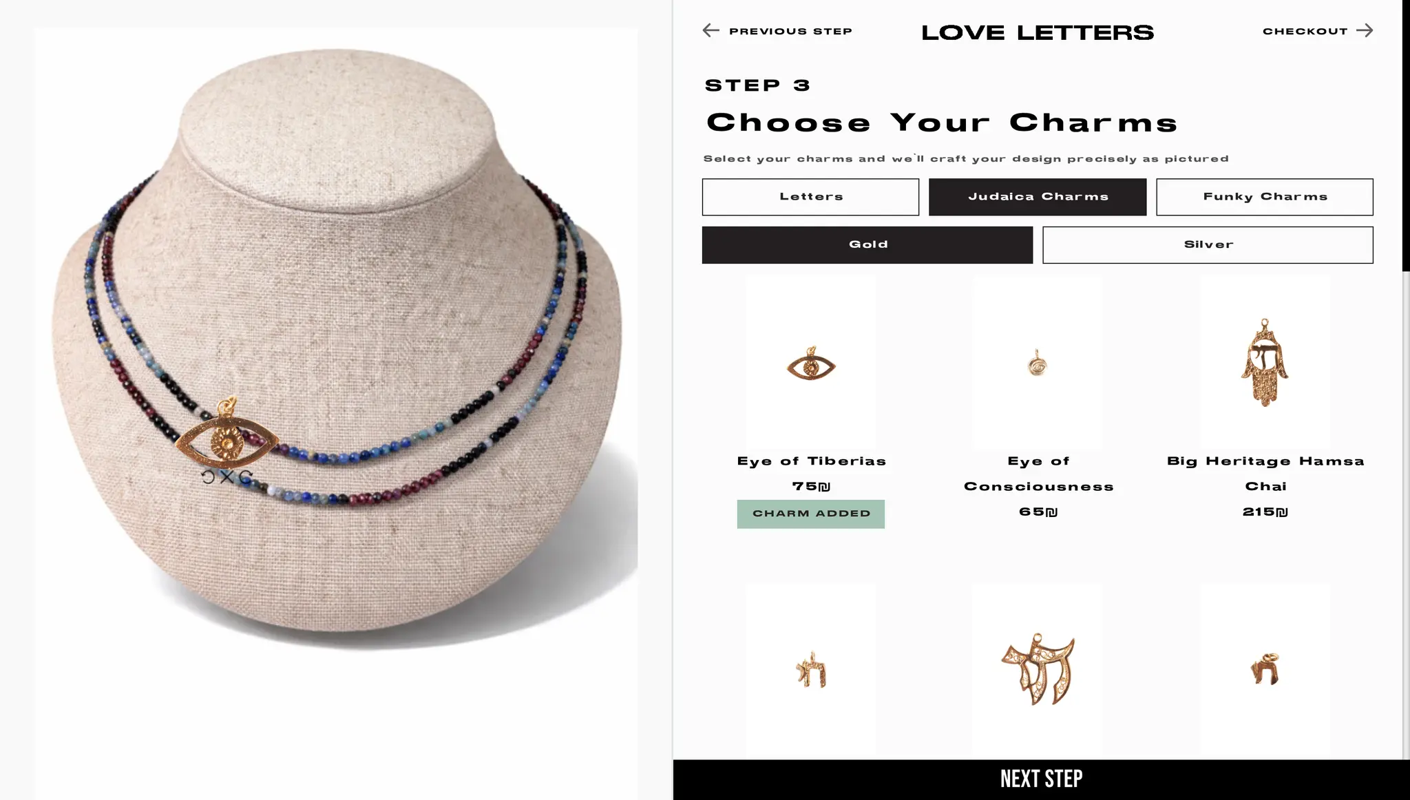 Custom jewelry builder step three, choosing charms to finish a personalized piece, on the Love Letters Shopify store
