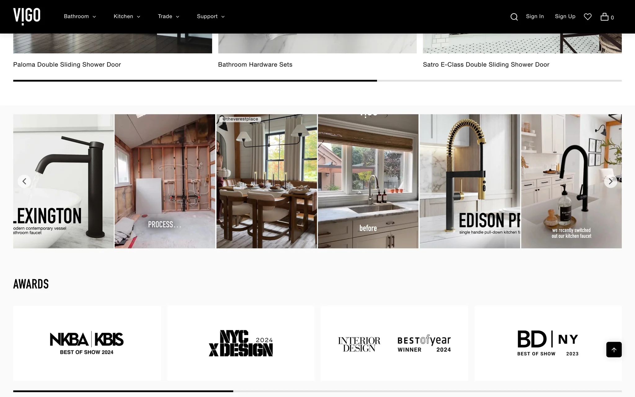 VIGO homepage Instagram video gallery above an awards row with NKBA KBIS, NYCxDesign, Interior Design and BD NY logos.