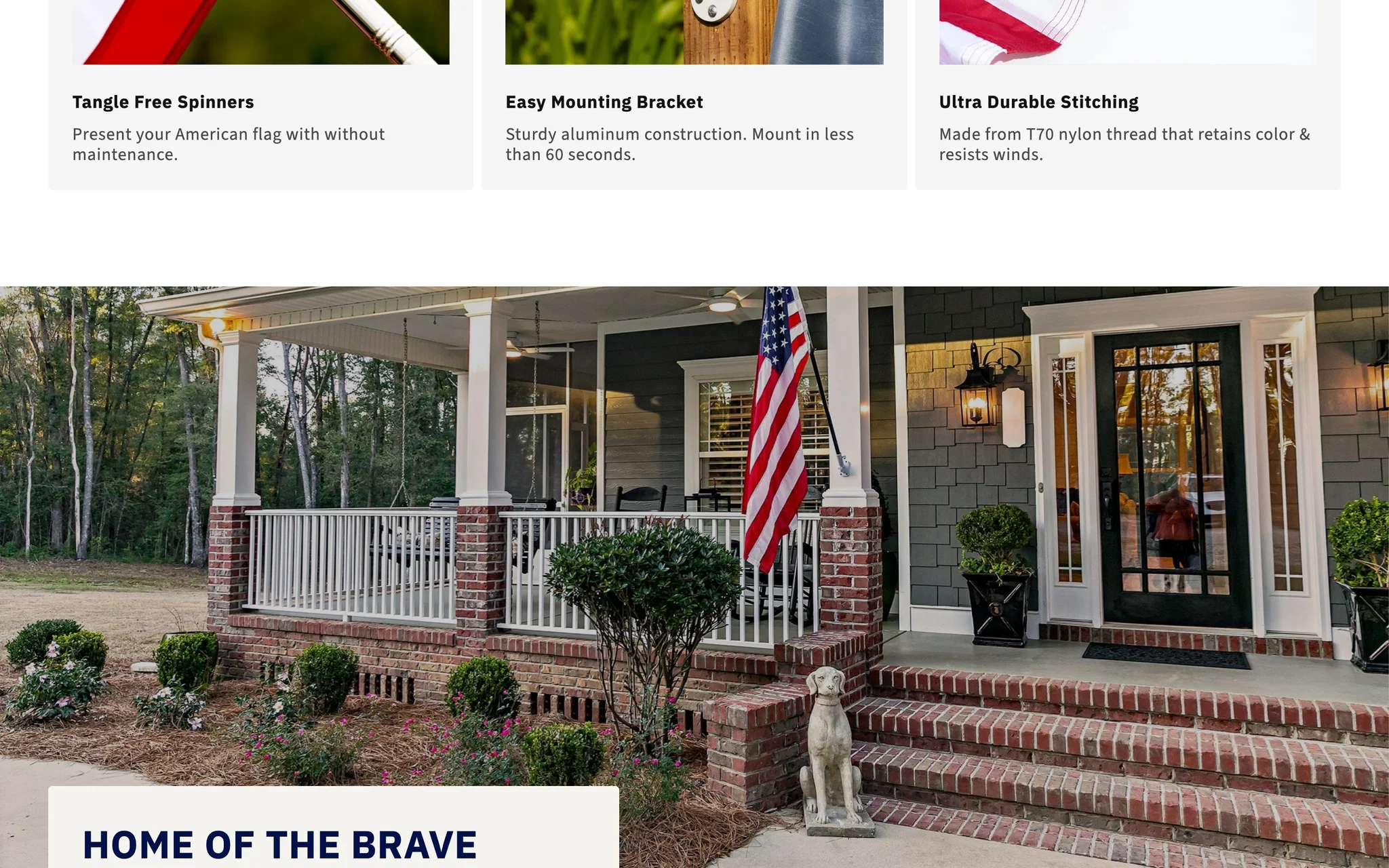 FlagStars homepage feature cards for tangle-free spinners, an easy mounting bracket and T70 nylon stitching above a porch photo with a mounted flag.