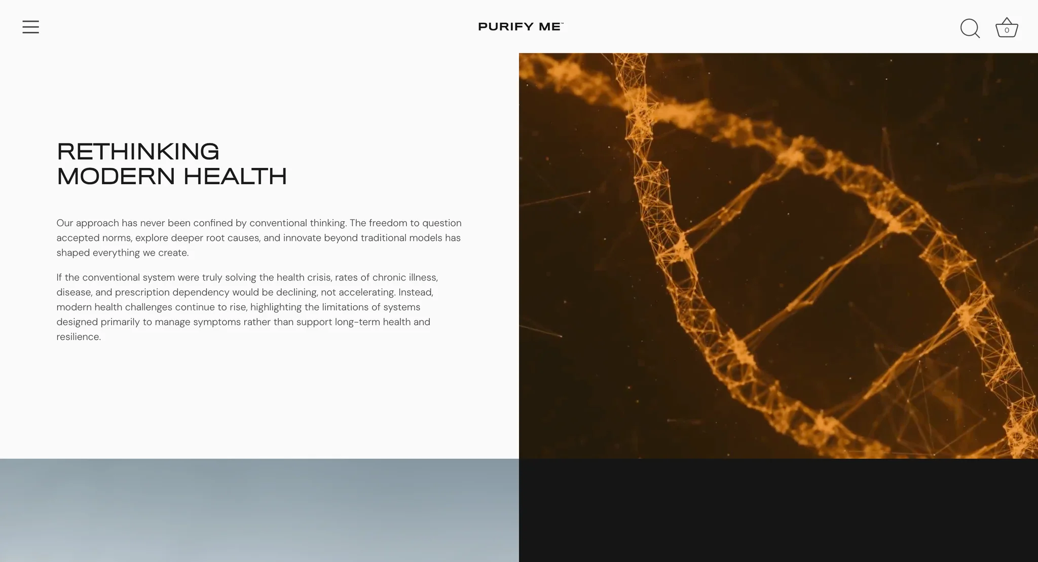 Science page section "Rethinking modern health" beside an orange macro image of a DNA strand