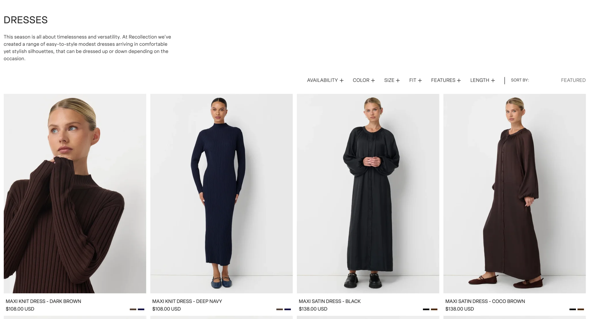 Dresses collection page with a short intro on easy-to-style modest dresses, the filter bar and cards for the Maxi Knit Dress in dark brown and deep navy and the Maxi Satin Dress in black and coco brown
