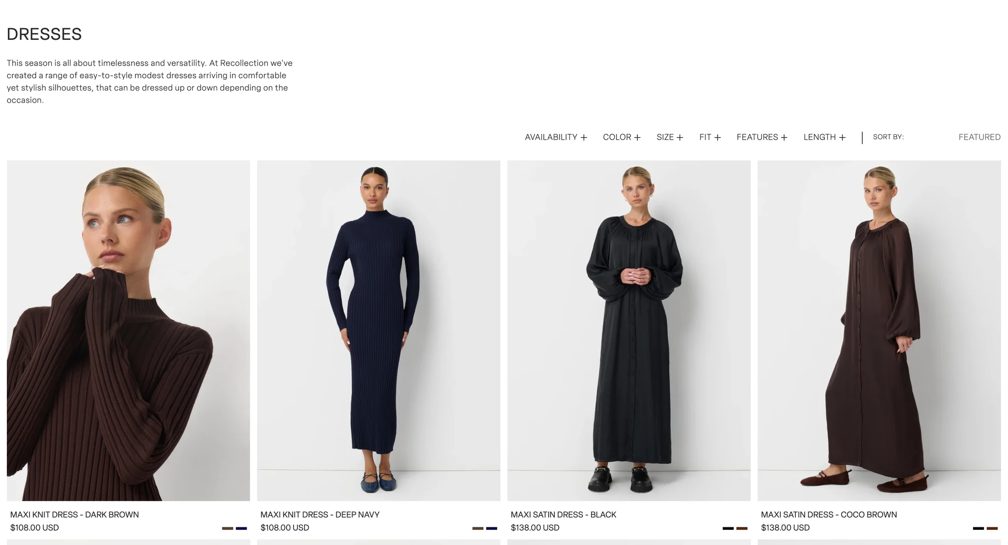 Dresses collection page with a short intro on easy-to-style modest dresses, the filter bar and cards for the Maxi Knit Dress in dark brown and deep navy and the Maxi Satin Dress in black and coco brown