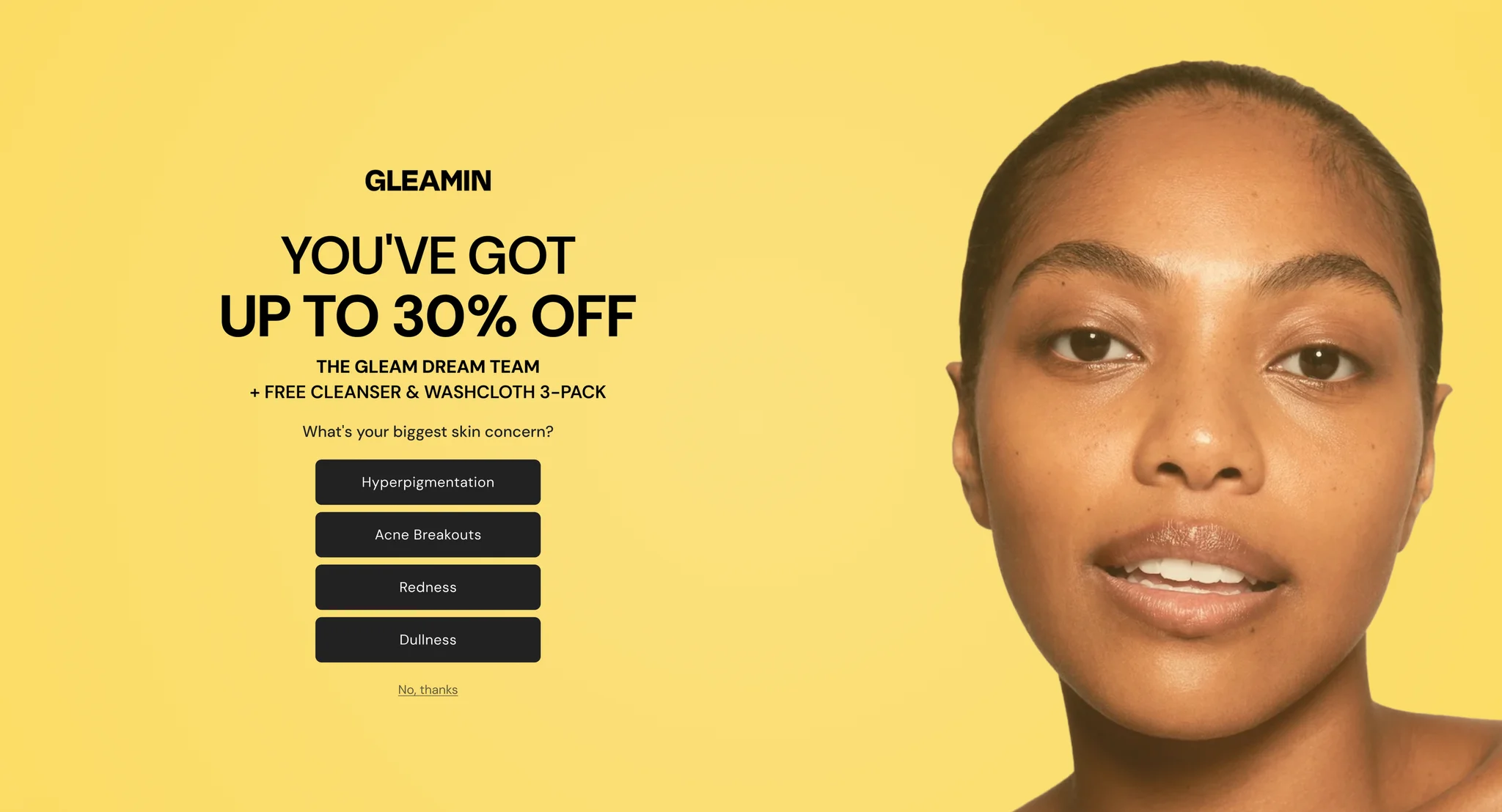 Yellow popup offering up to 30% off that asks "What's your biggest skin concern?" with Hyperpigmentation, Acne Breakouts, Redness and Dullness options