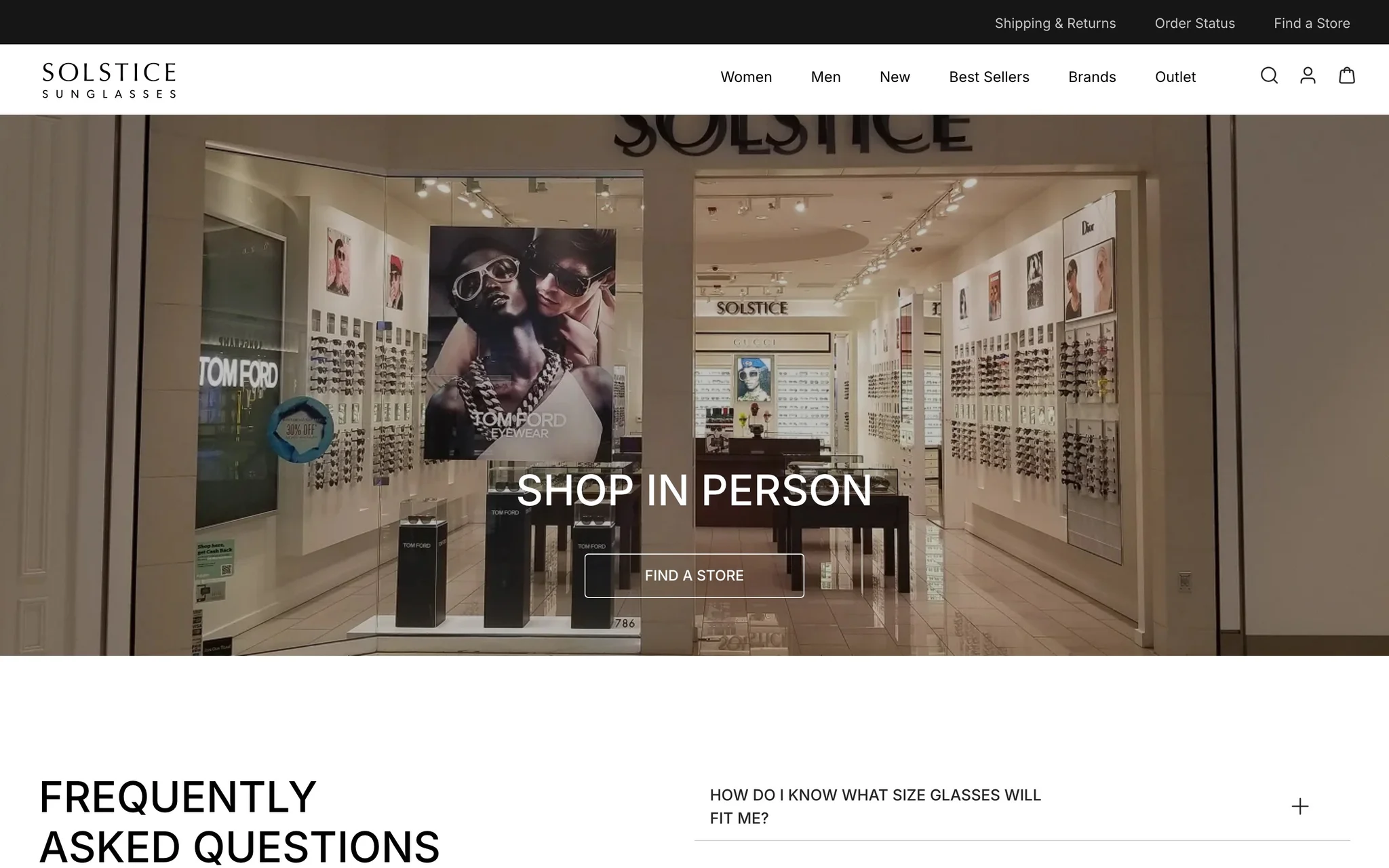 Solstice Sunglasses Shop in Person banner showing a Solstice store front with eyewear displays and a Find a Store button.