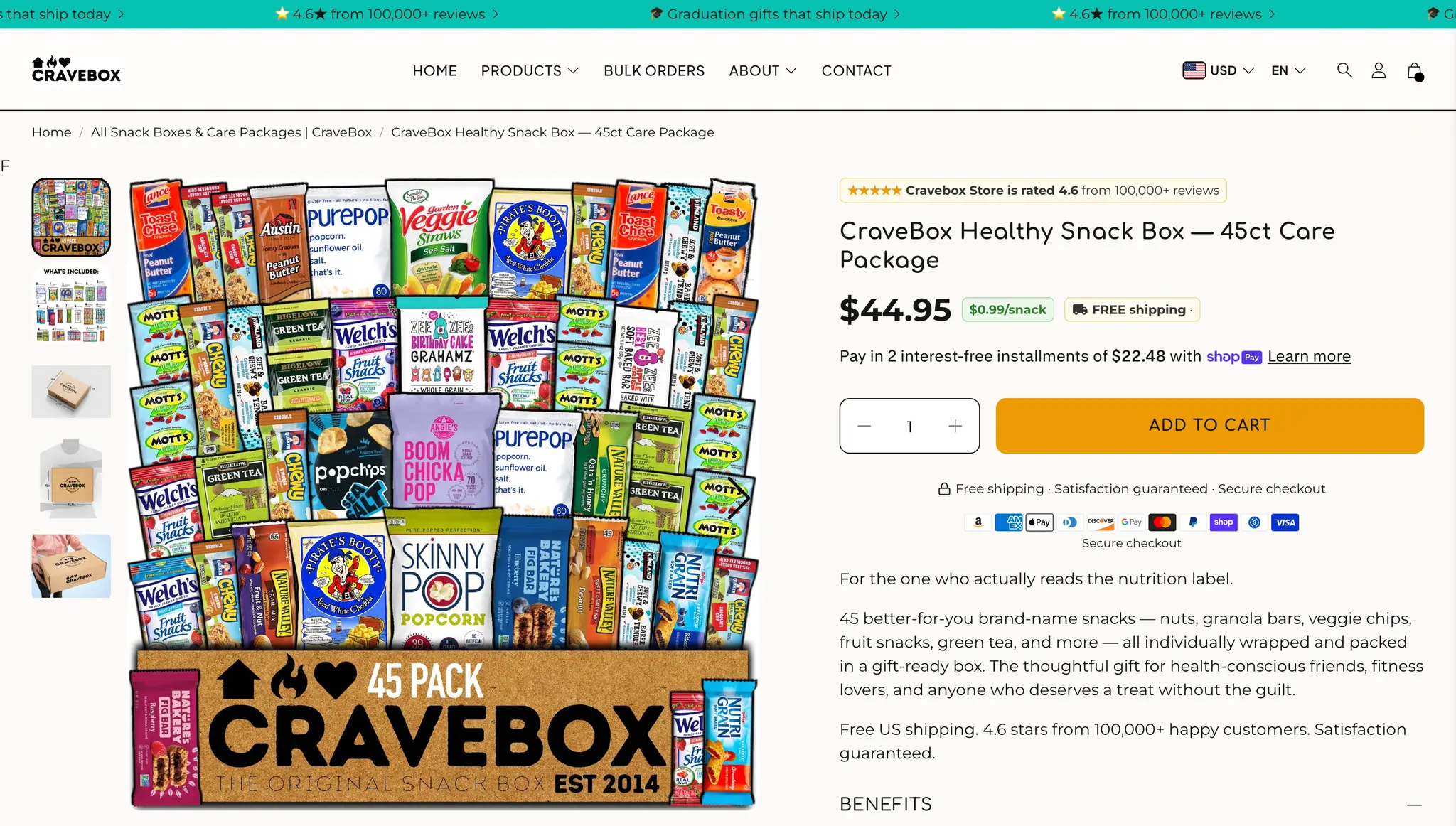 Snack box product detail page with estimated delivery dates and ships-today messaging on the CraveBox Shopify store