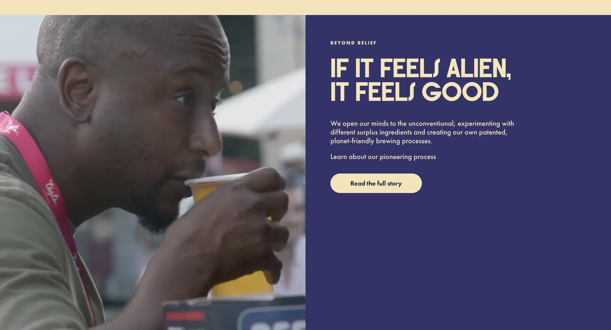 "If it feels alien, it feels good" story block about brewing with surplus ingredients, beside a video of a drinker