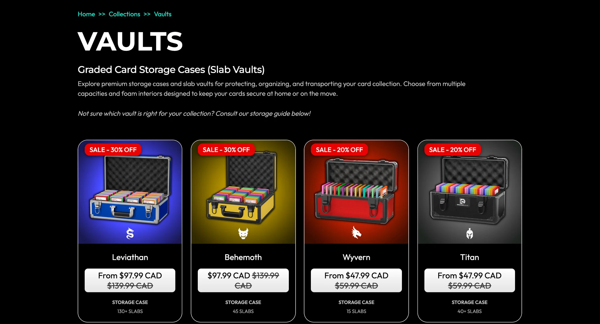 Vaults collection page with the title, an intro on graded card storage cases and four metal cases on coloured backdrops, Leviathan in blue, Behemoth in yellow, Wyvern in red and Titan in black, each open on rows of rainbow guarded slabs with its beast mark, price and slab capacity