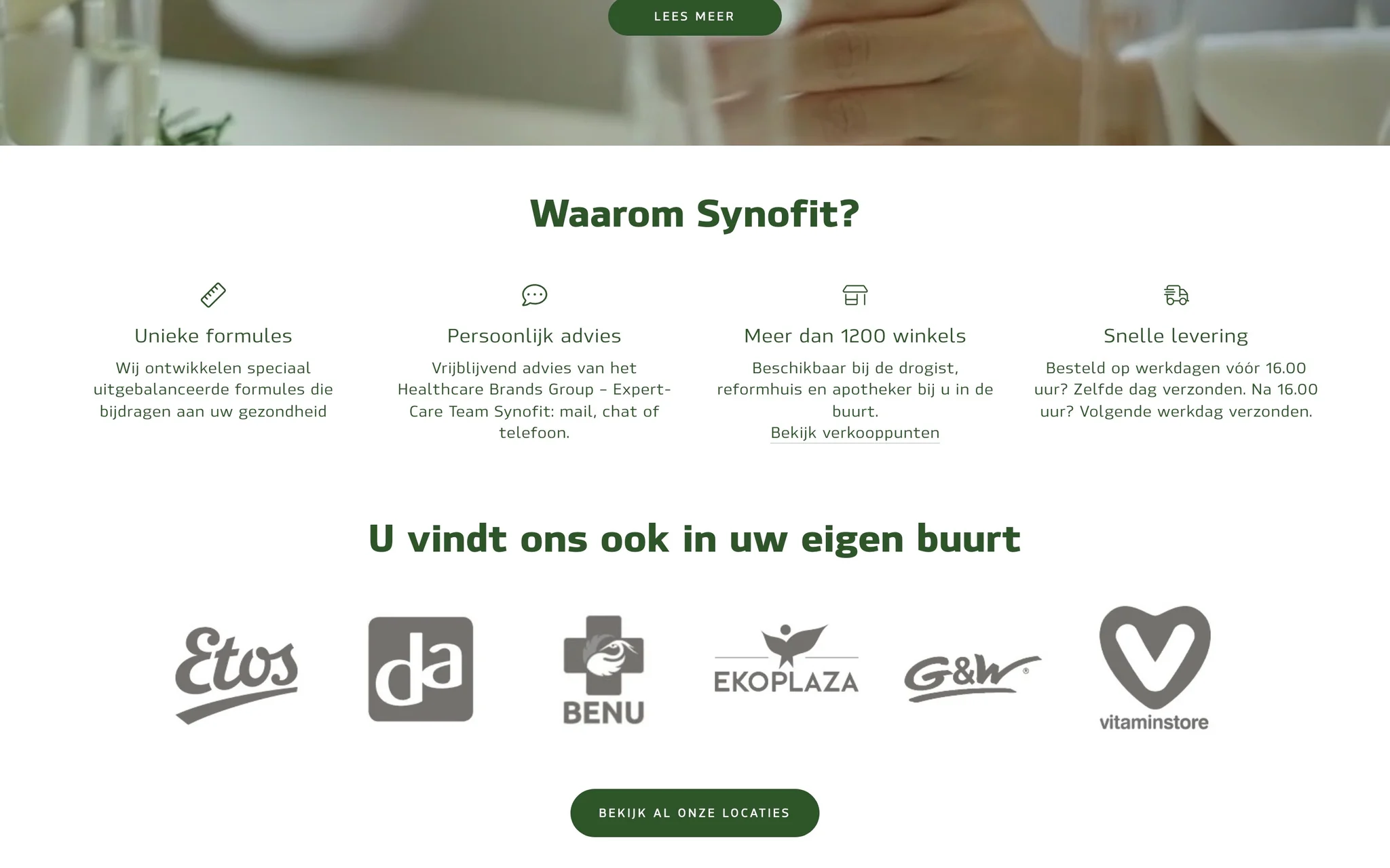 Synofit Why Synofit section with four benefit icons and the logos of retail partners such as Etos, DA, BENU and Ekoplaza.