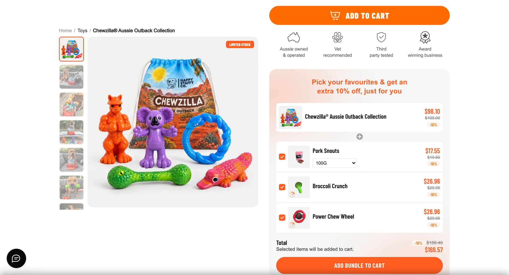 Product page bundle builder headed "Pick your favourites & get an extra 10% off", with pork snouts, broccoli crunch and a power chew wheel ticked under the Chewzilla collection and an add bundle to cart button