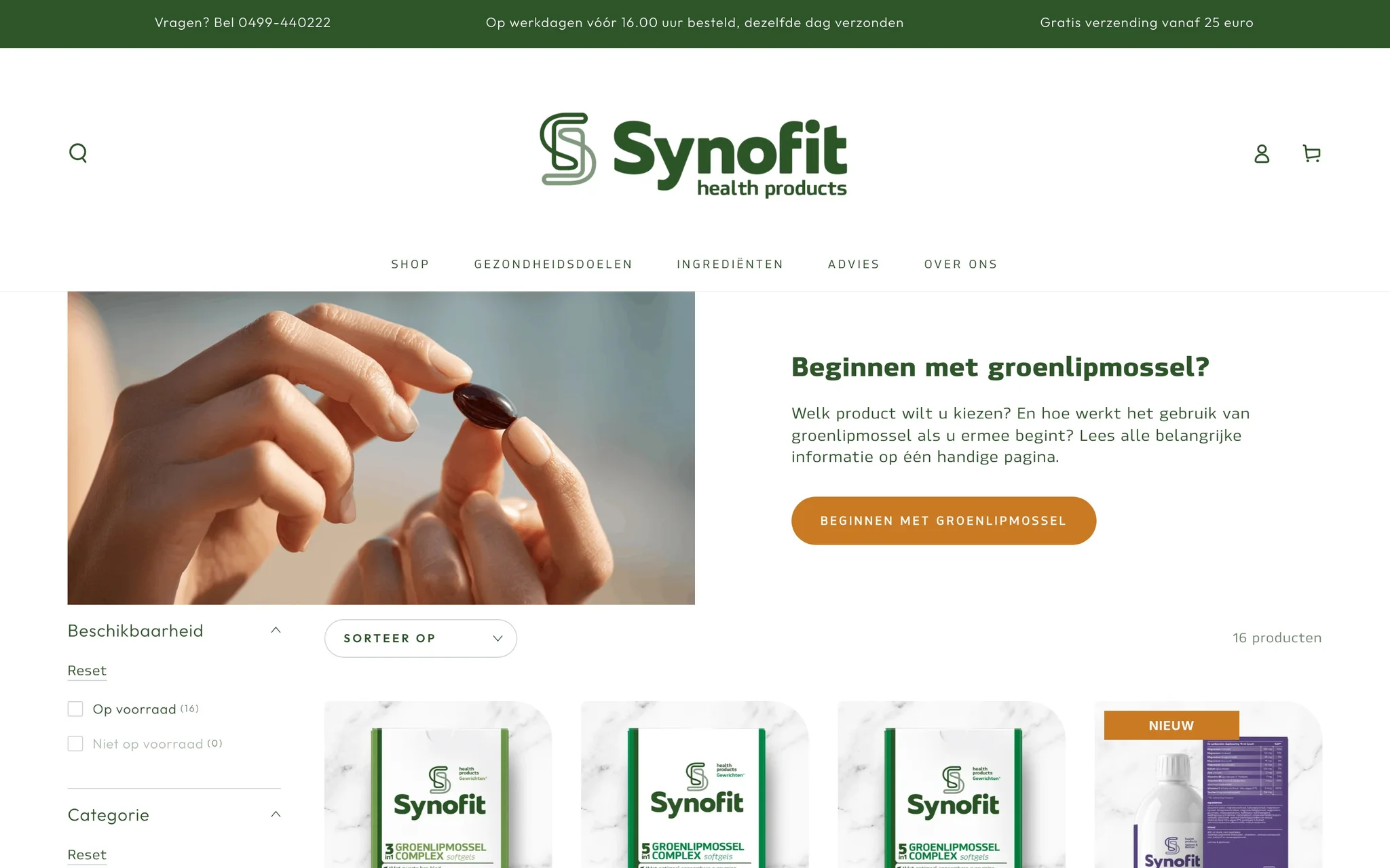 Synofit shop collection page with a green-lipped mussel guide banner, availability filters and a grid of 16 products.