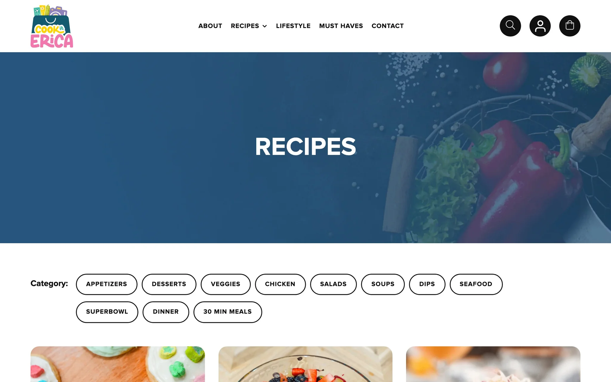 Cook It Erica All Recipes page with category filter chips such as Appetizers, Desserts, Soups and 30 Min Meals.