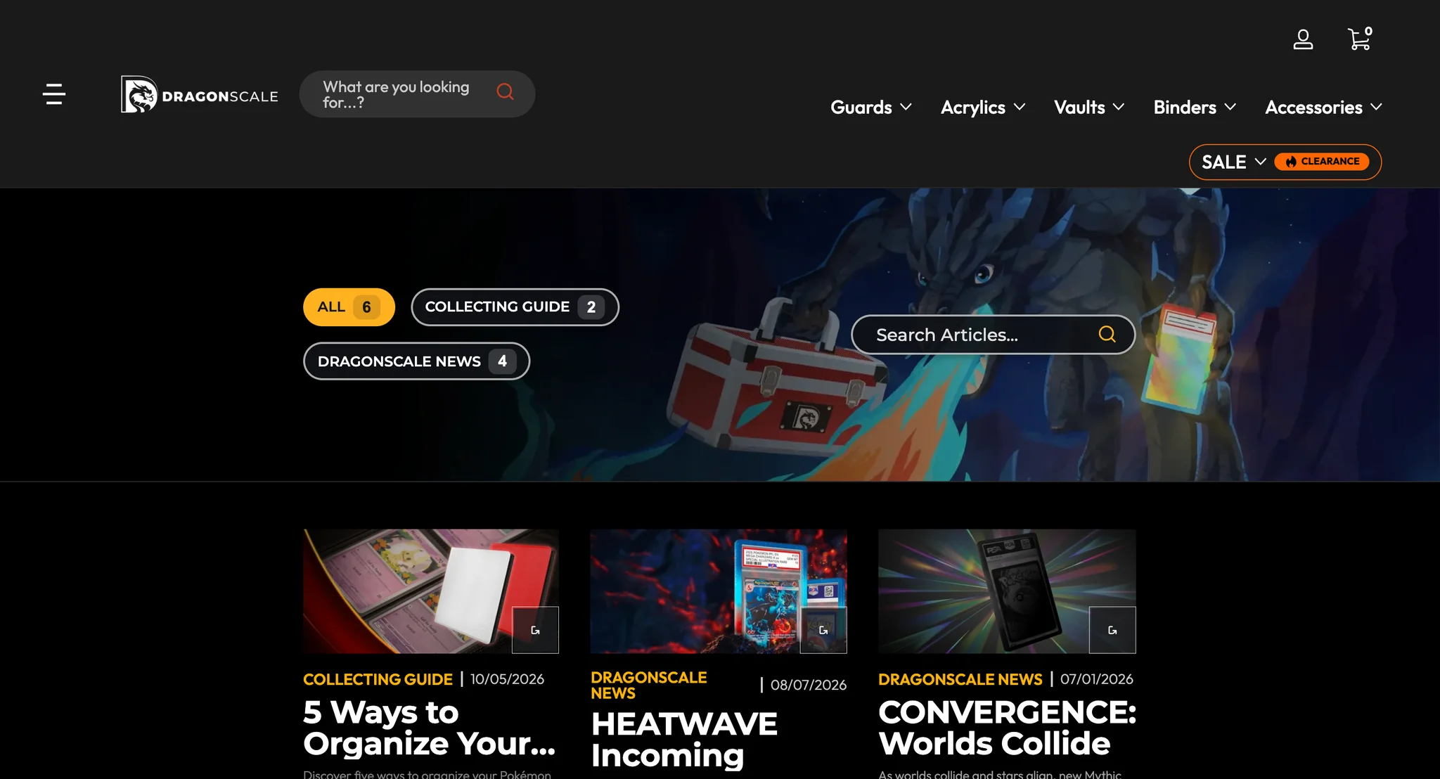The Codex blog index: a dark illustration of a dragon with a red vault case and a holographic slab behind All, Collecting Guide and Dragonscale News filter buttons with article counts and a Search Articles field, then the first three article cards