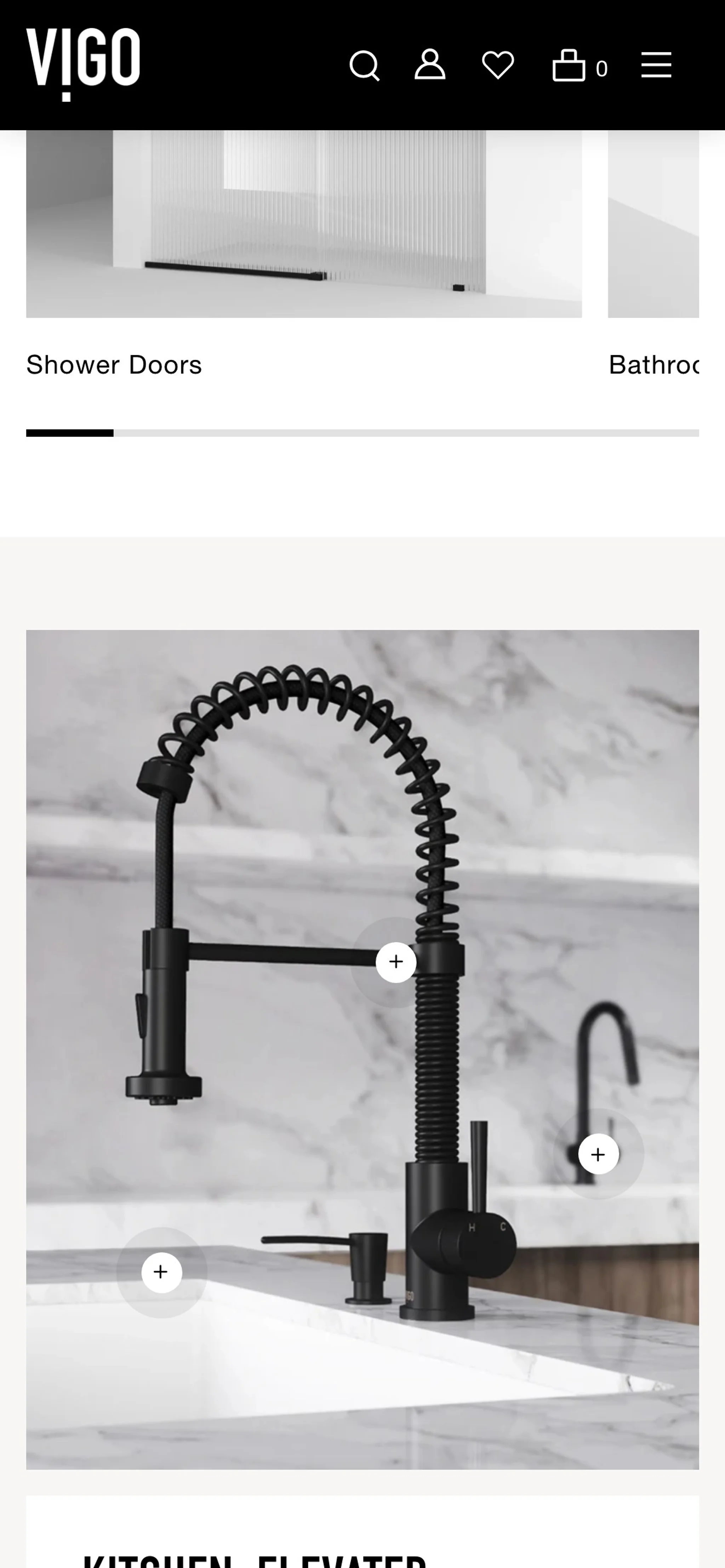 VIGO mobile homepage kitchen section with a matte black pull-down faucet and product hotspots.