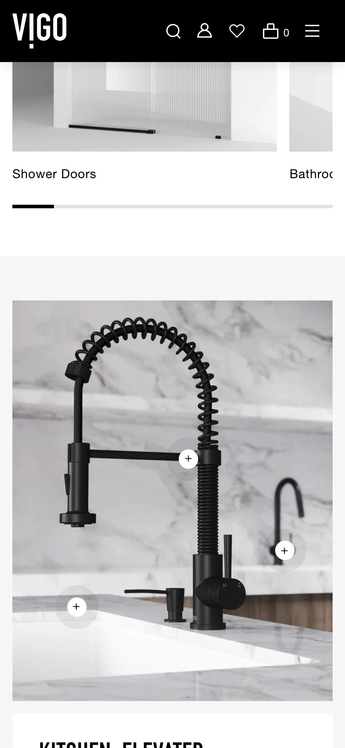 VIGO mobile homepage kitchen section with a matte black pull-down faucet and product hotspots.