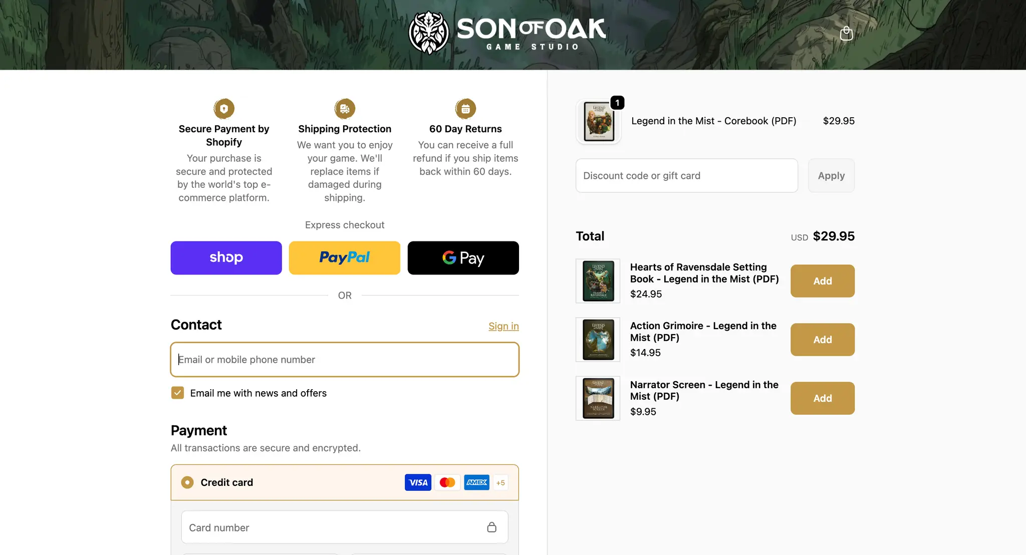 Son of Oak desktop screenshot of a seasonal promotional landing page for the tabletop RPG store