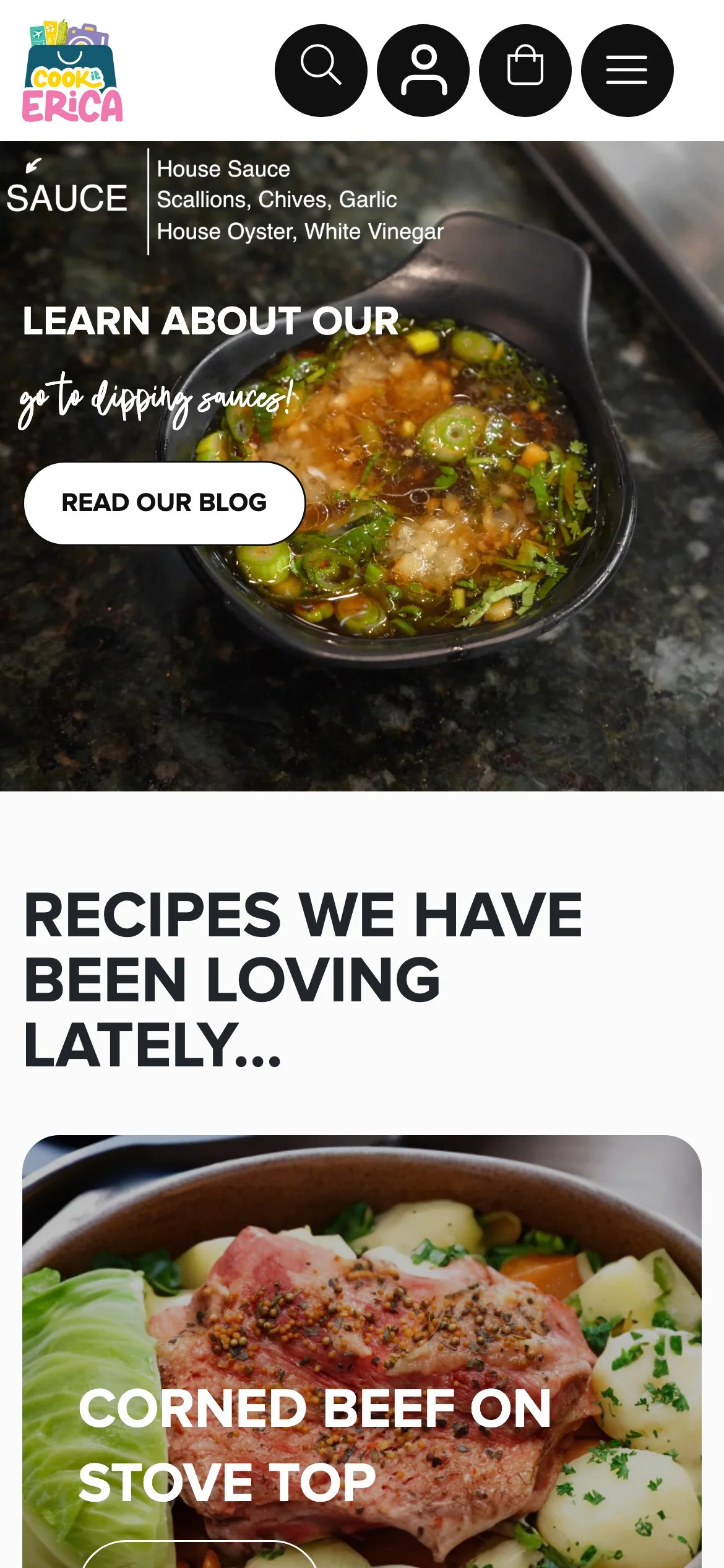 Cook It Erica homepage on mobile with the sauce hero, Read Our Blog button and featured recipe card.