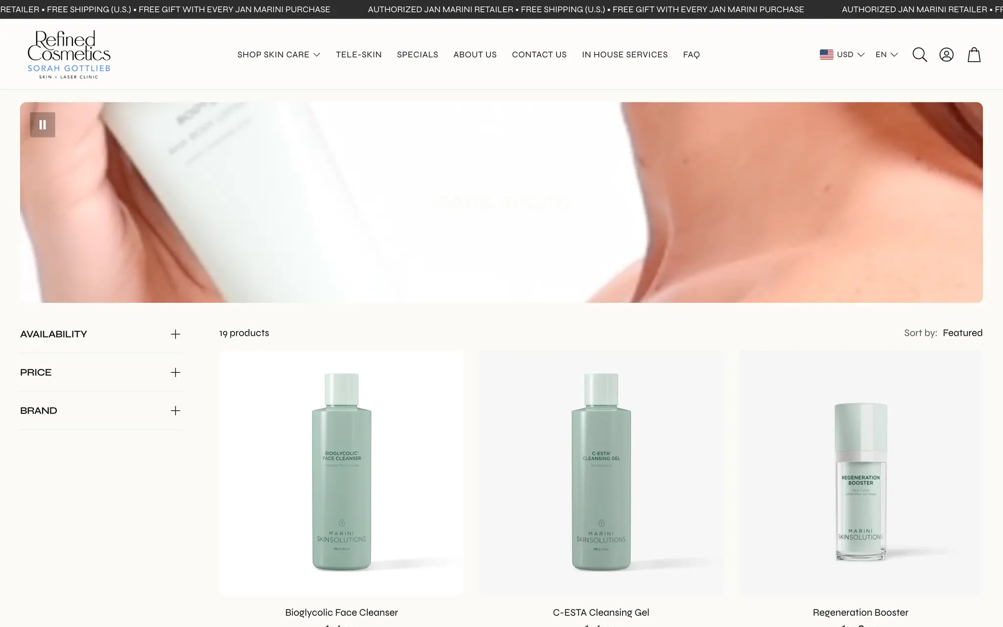 Refined Cosmetics Dark Spots collection page listing nineteen products with availability, price and brand filters above a grid of Marini SkinSolutions products.