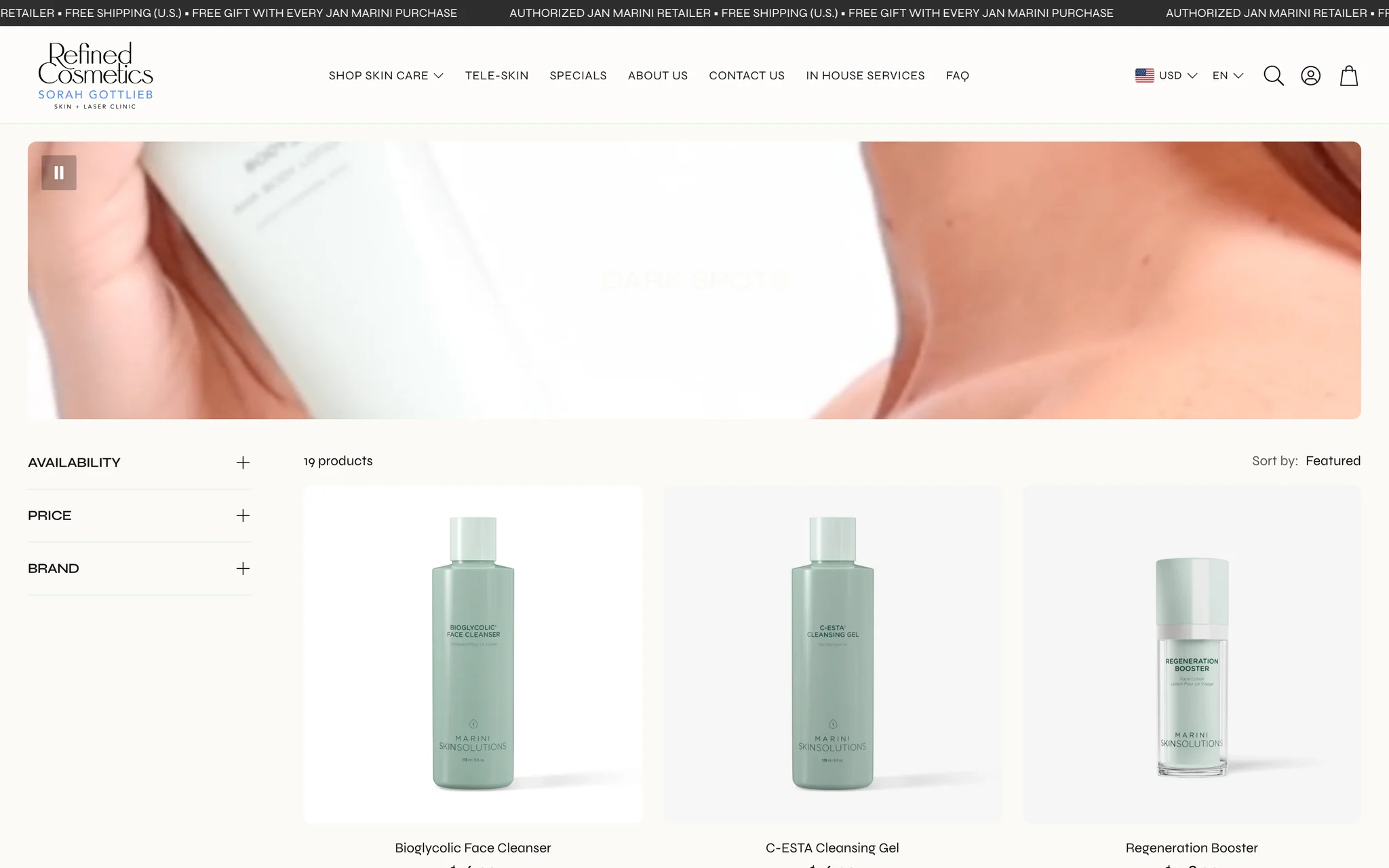 Refined Cosmetics Dark Spots collection page listing nineteen products with availability, price and brand filters above a grid of Marini SkinSolutions products.