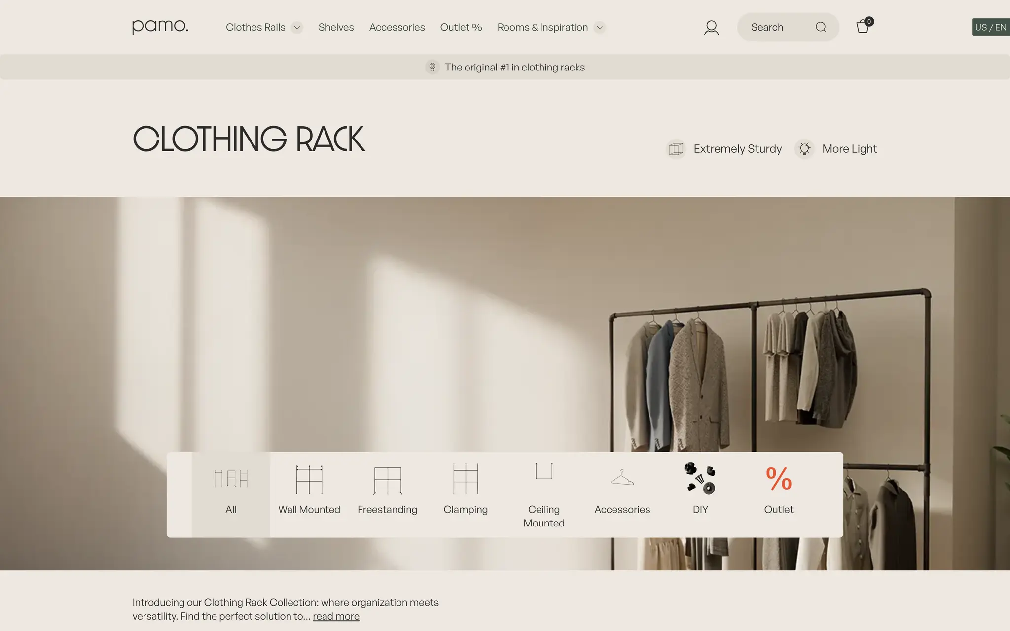 pamo. Clothing Rack collection page with a full-width lifestyle banner and a row of category tiles for wall mounted, freestanding, clamping and ceiling mounted rails.