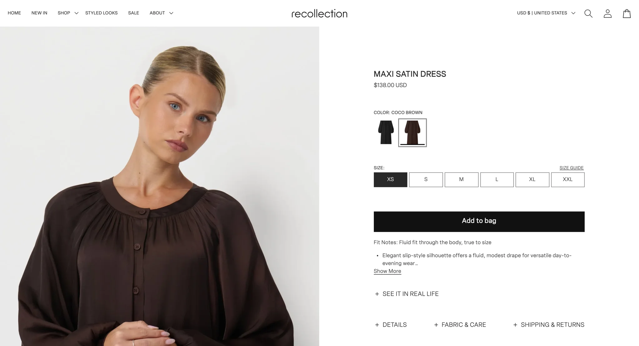 Maxi Satin Dress with the coco brown swatch selected: the colour label changes to Coco Brown and the gallery shows a close photo of the model in the brown satin dress