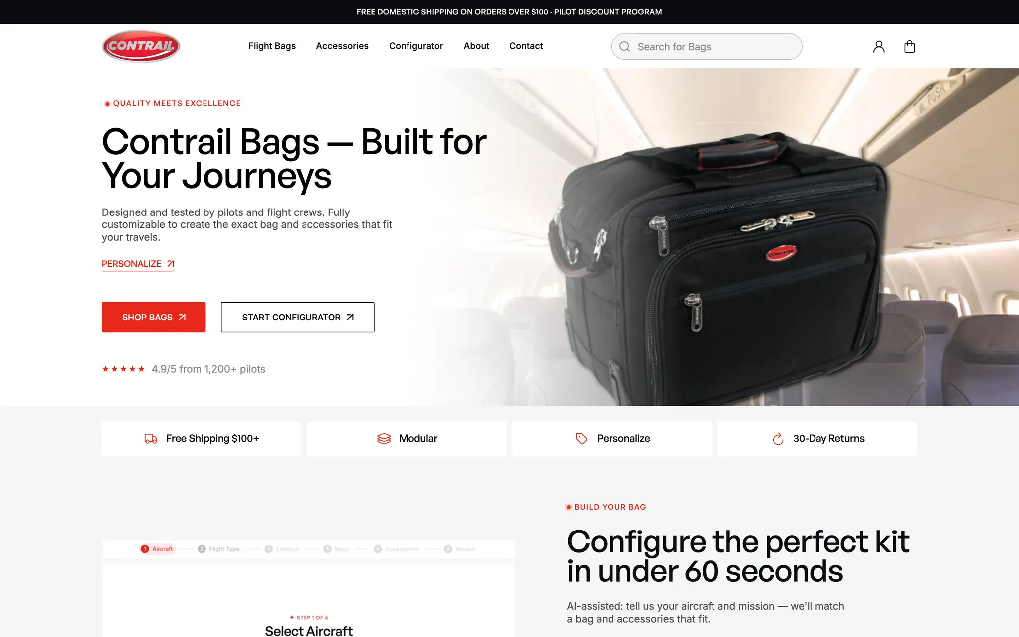 Contrail Bags homepage hero with a black flight bag in an aircraft cabin, the headline "Contrail Bags — Built for Your Journeys", and Shop Bags and Start Configurator buttons.