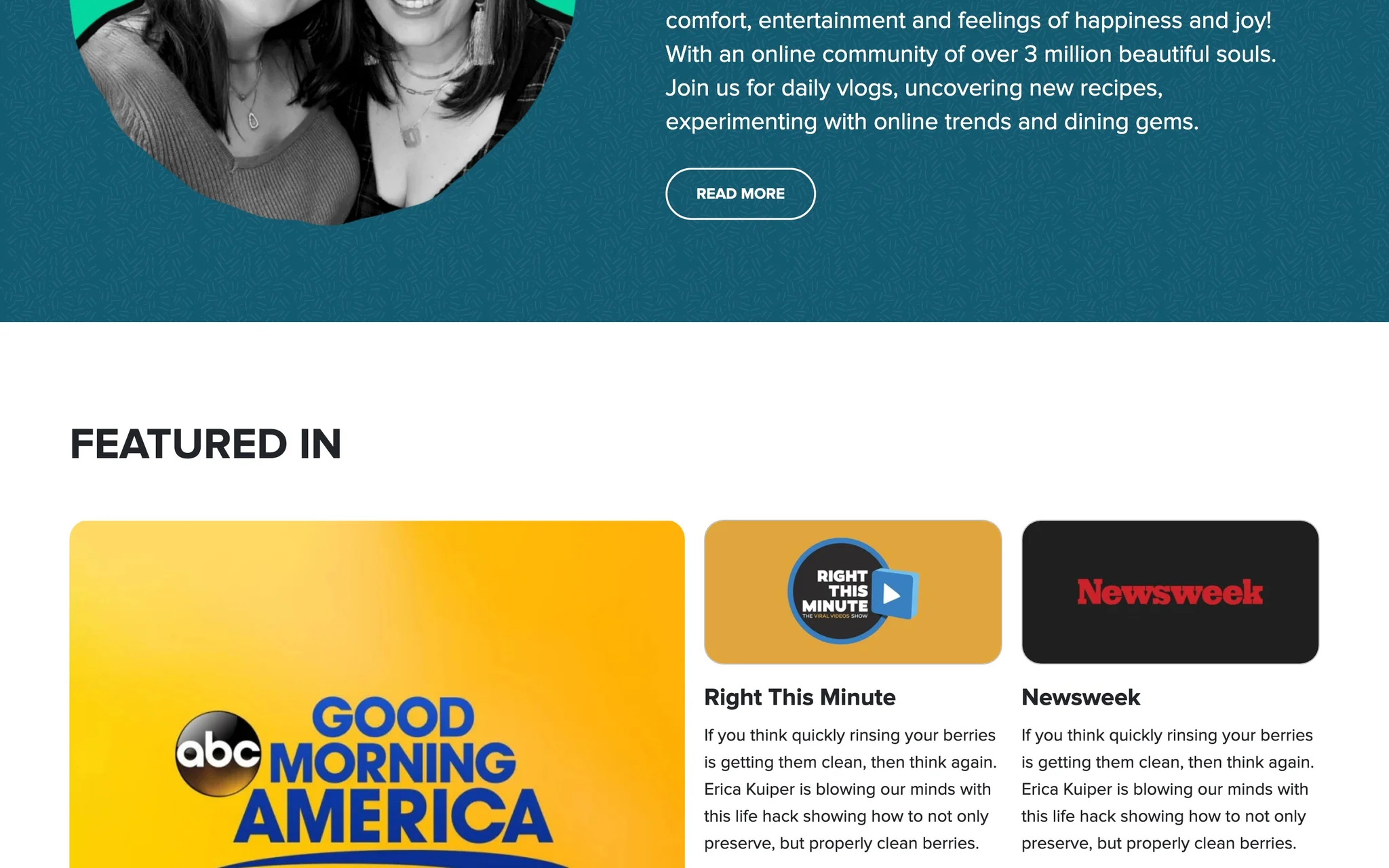 Cook It Erica Featured In section with Good Morning America, Right This Minute and Newsweek press cards.