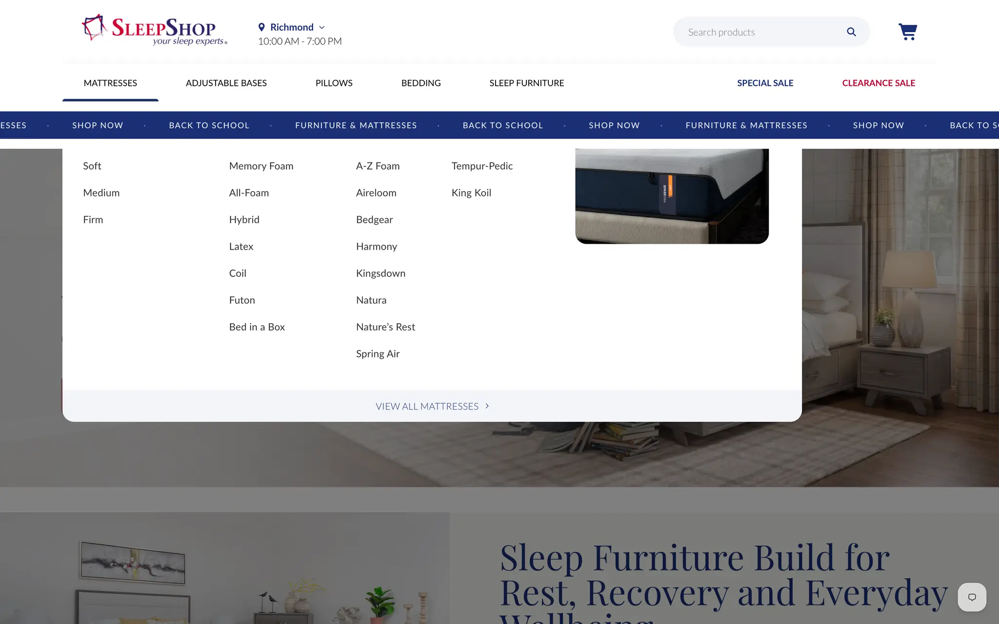 Expanded Sleep Shop mega menu for Mattresses, listing comfort levels, mattress types and brand names in four columns beside a product thumbnail.