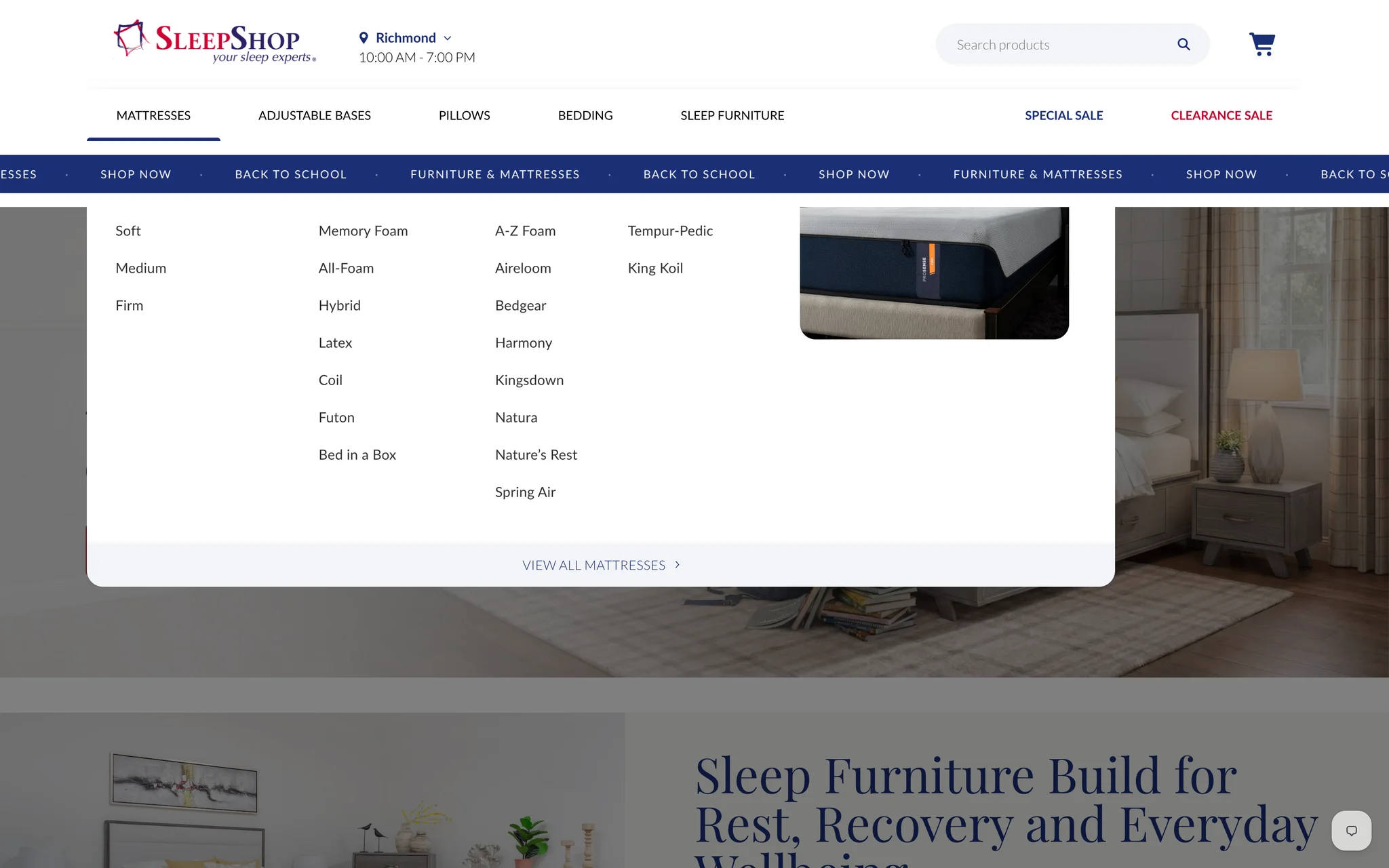 Expanded Sleep Shop mega menu for Mattresses, listing comfort levels, mattress types and brand names in four columns beside a product thumbnail.
