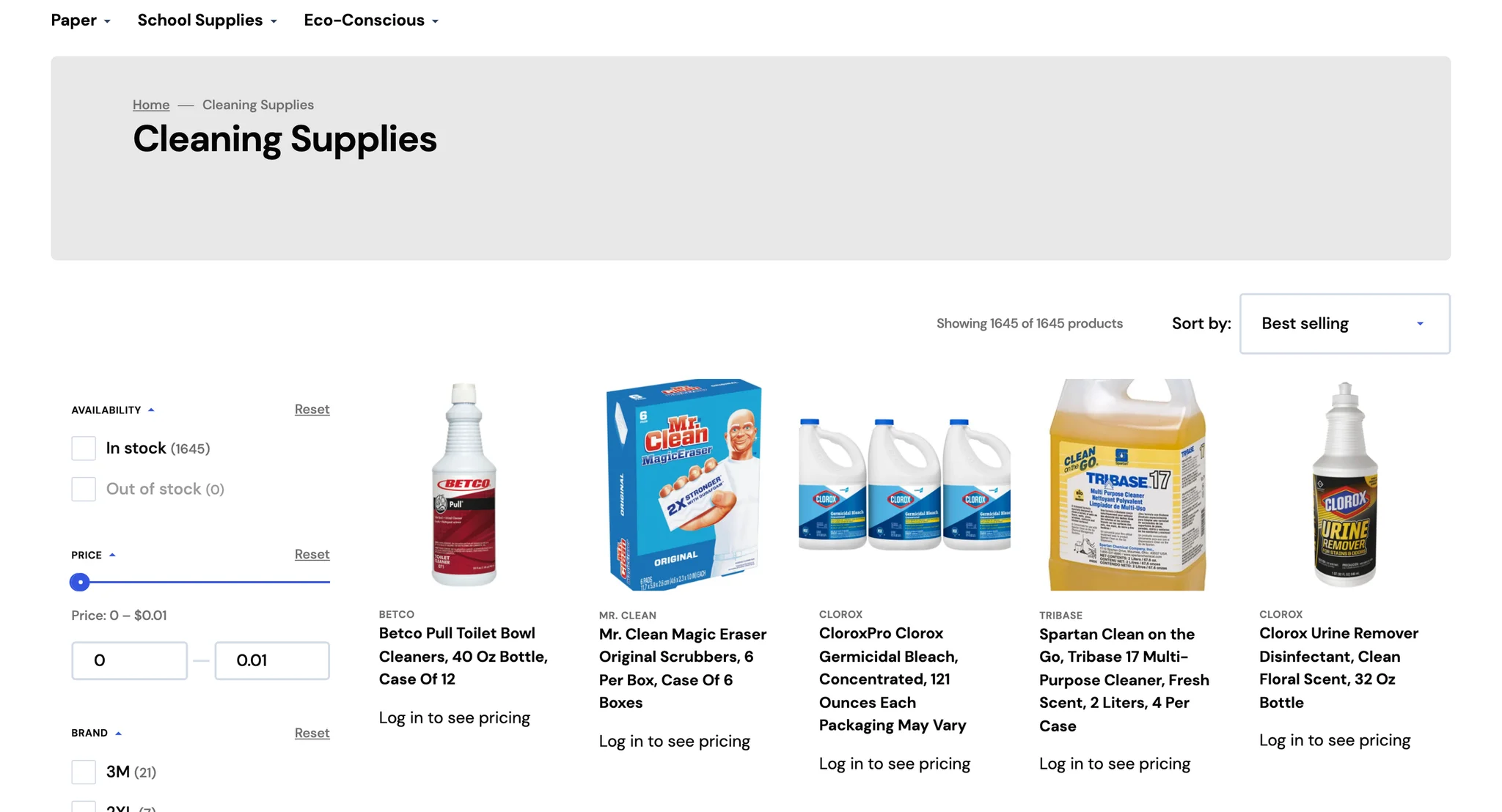 Cleaning Supplies collection with availability, price and brand filters beside a grid of cleaners from Betco, Mr. Clean, Clorox and Spartan, each marked "Log in to see pricing"
