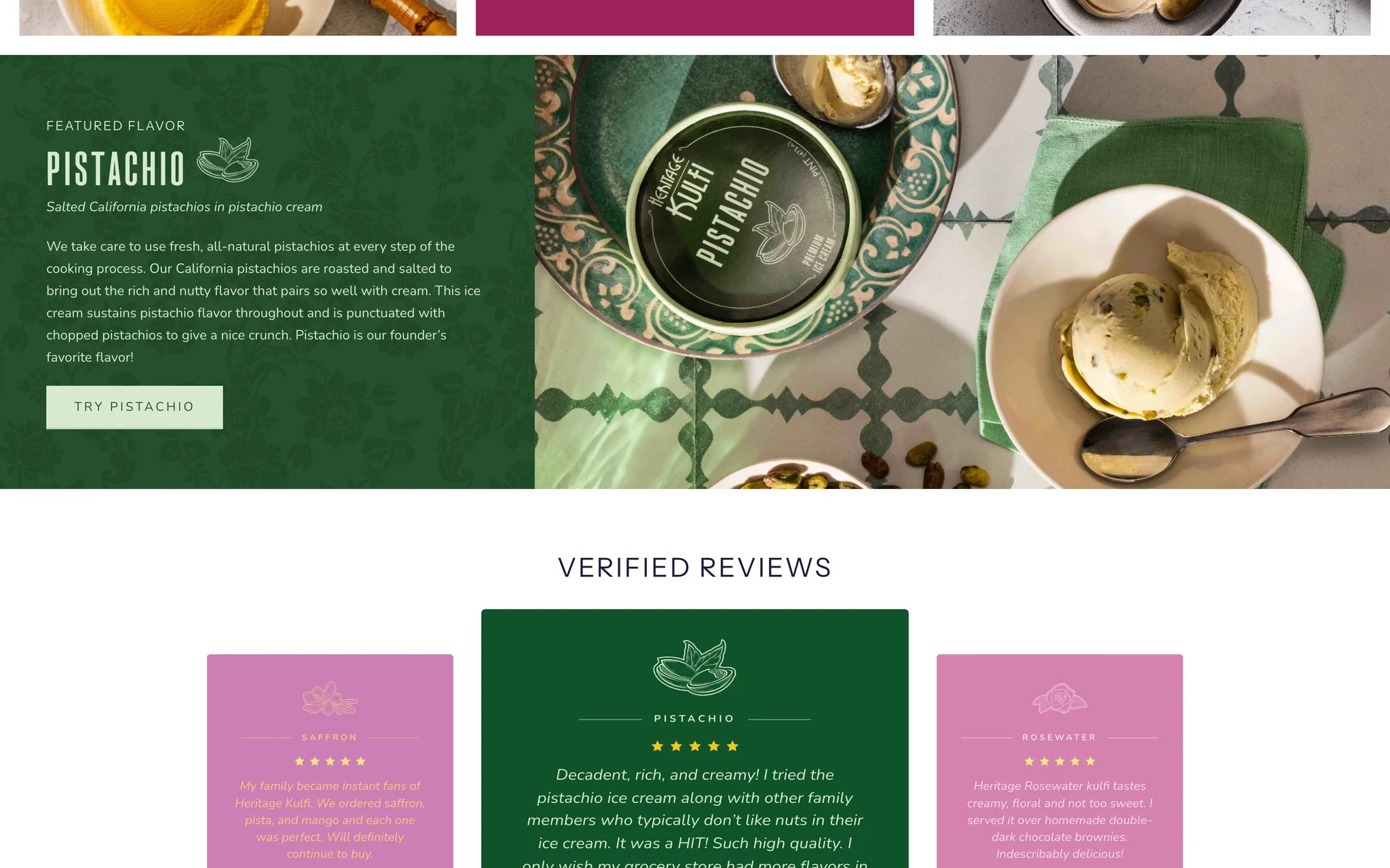 Heritage Kulfi featured Pistachio section with flavour story and Verified Reviews cards below.
