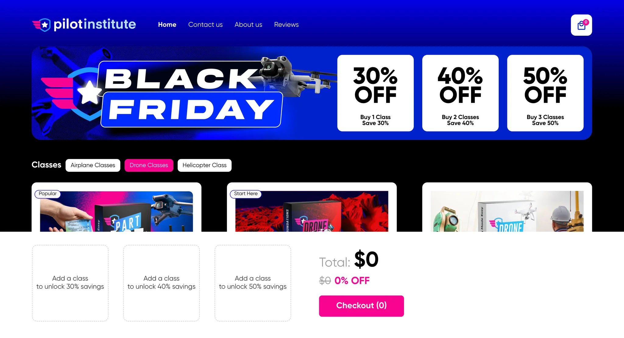Pilot Institute Black Friday page: a drone over the Black Friday banner next to tier cards for 30% off with 1 class, 40% with 2 and 50% with 3, above the class tabs