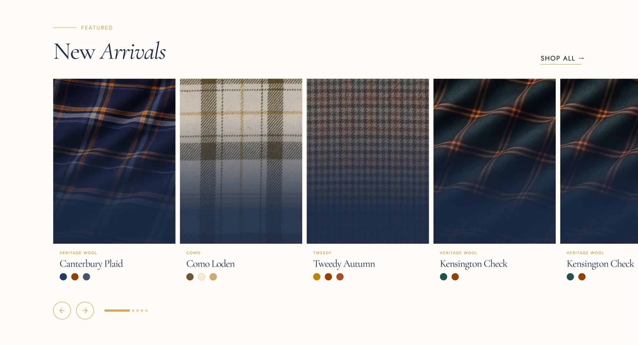New Arrivals carousel on cream with tall plaid and check fabric cards for Canterbury Plaid, Como Loden, Tweedy Autumn and Kensington Check, with the next card peeking in at the edge, each with its collection name and colour swatch dots, and arrow buttons with a gold progress bar