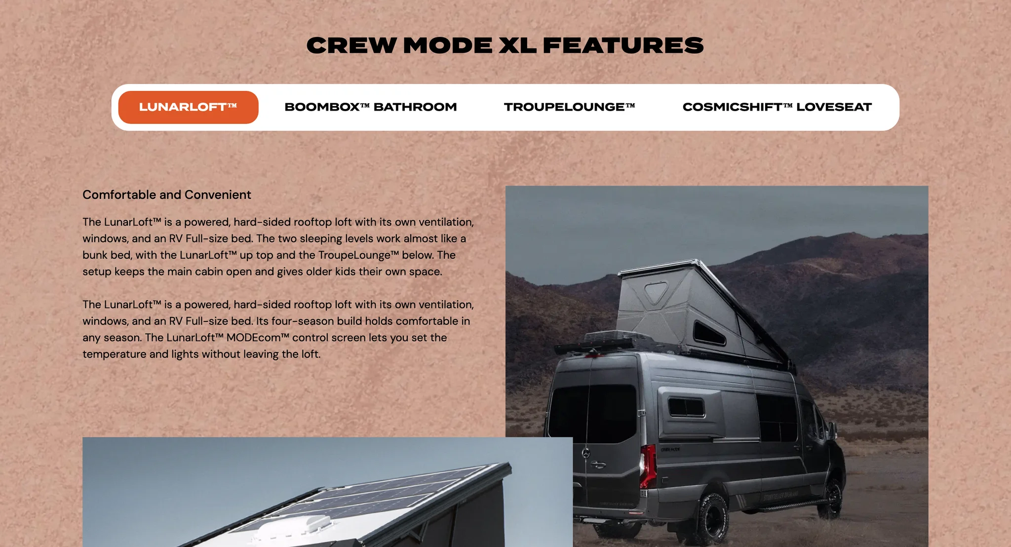 Crew MODE XL features section with tabs for LunarLoft, BoomBox bathroom, TroupeLounge and CosmicShift loveseat