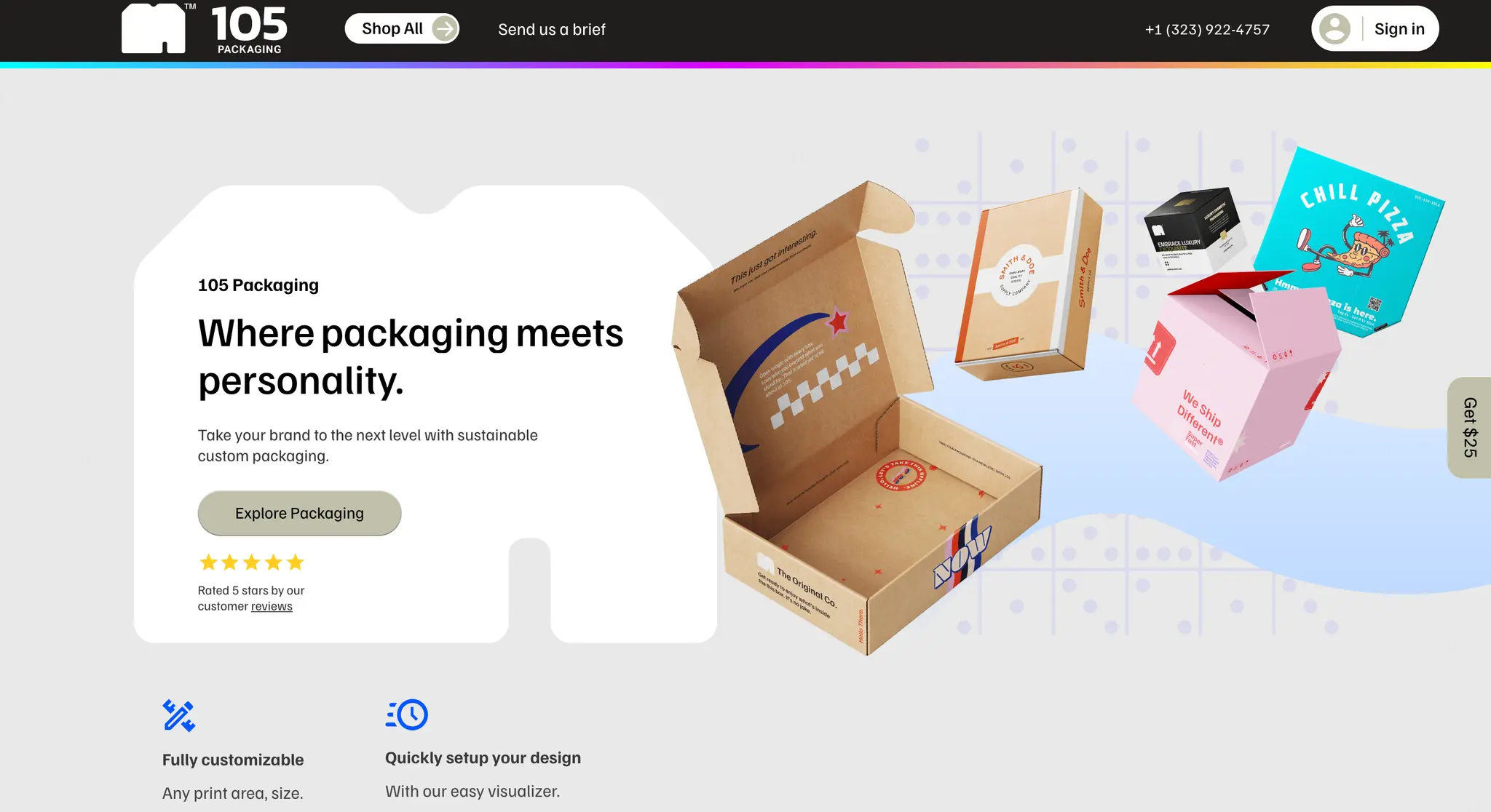 105 Packaging homepage hero promoting custom sustainable packaging on the Shopify storefront