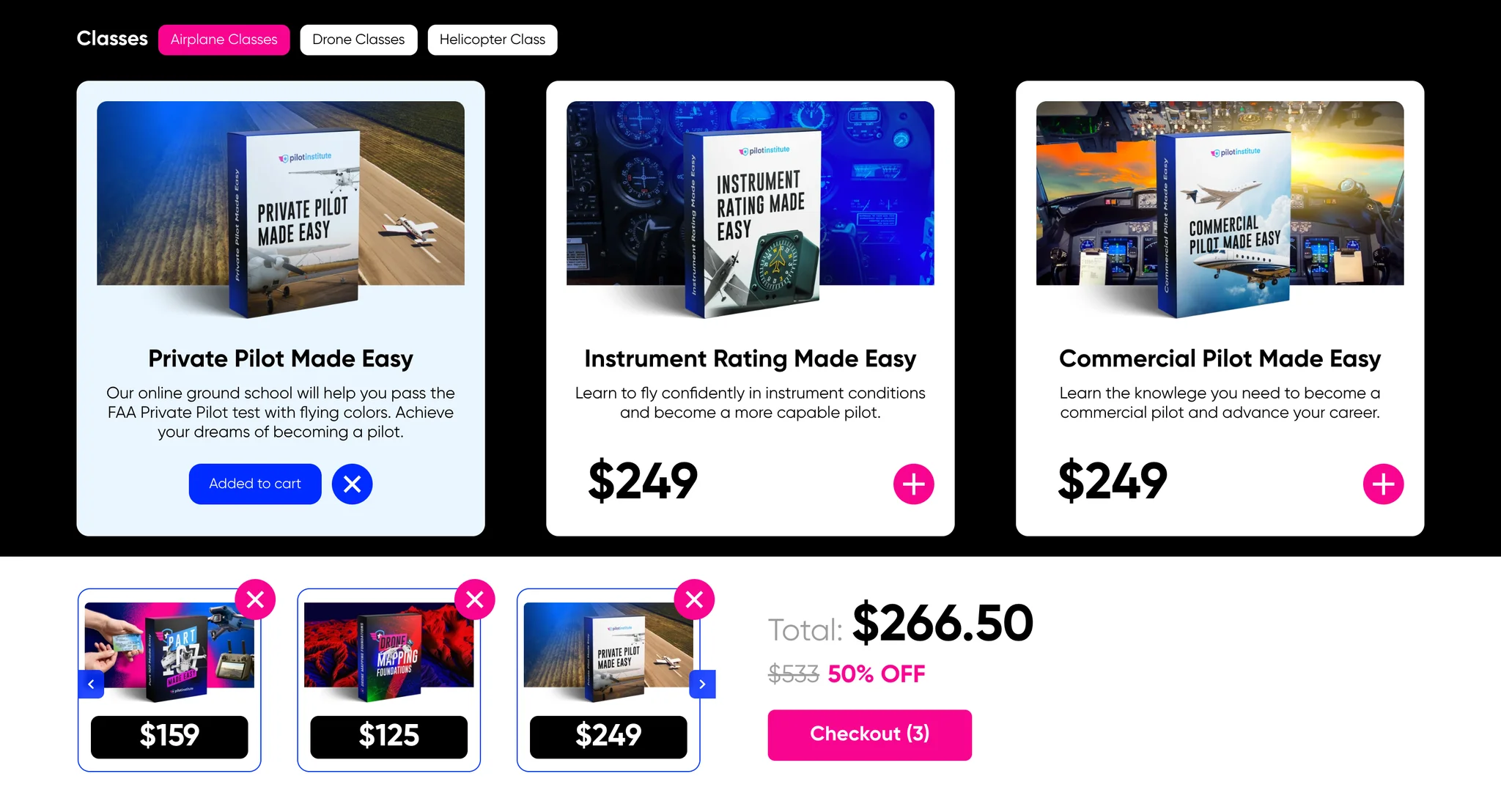 Private Pilot Made Easy card switched to an Added to cart state with a remove button, next to two airplane classes still showing their price