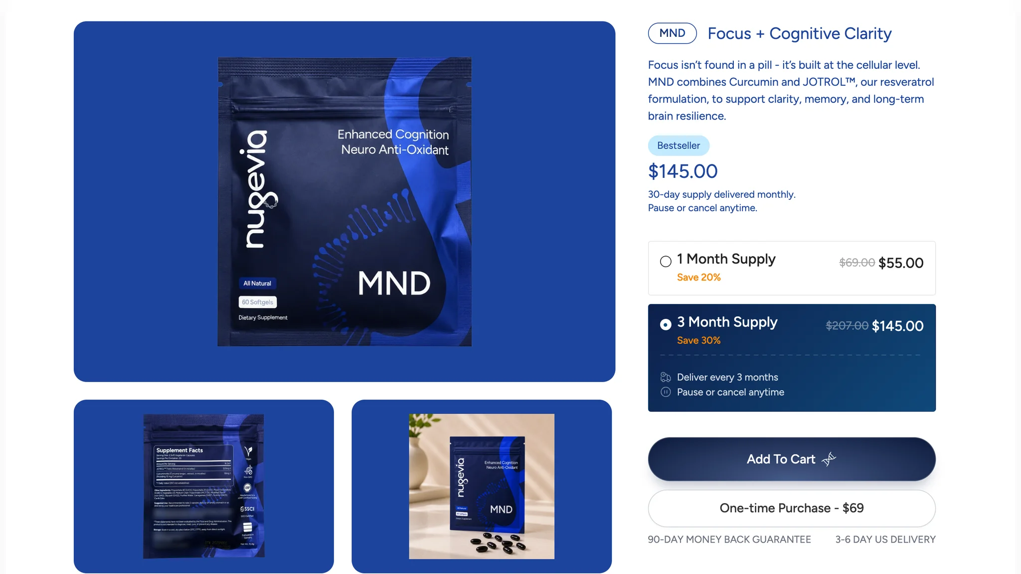 MND product page with the 3 Month Supply subscription selected in the purchase form, showing its saving, Deliver every 3 months and Pause or cancel anytime, below the 1 Month Supply option and above Add To Cart and a One-time Purchase button