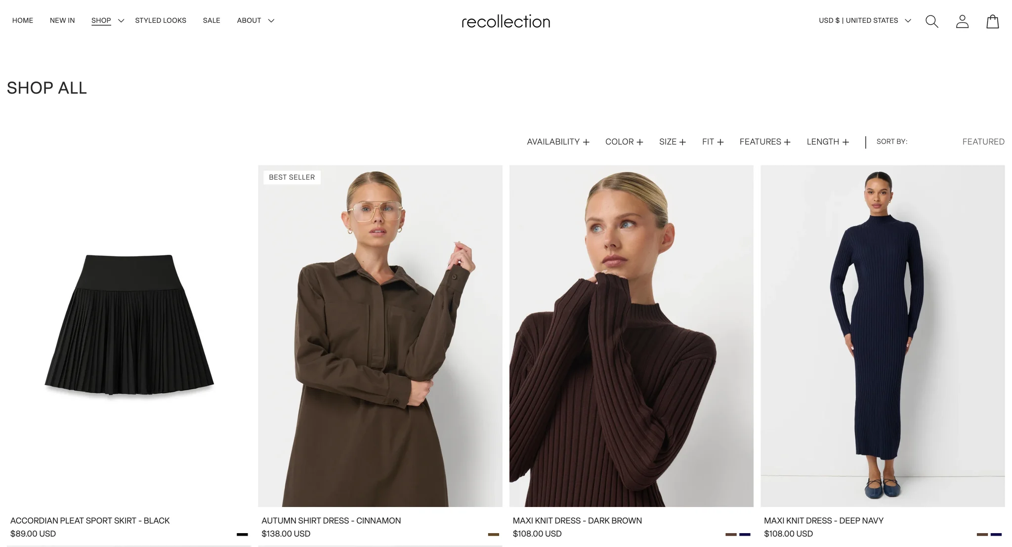 Shop All collection page with availability, colour, size, fit, features and length filters and a sort menu above four product cards: a black pleated sport skirt on white, the Autumn Shirt Dress in cinnamon with a Best seller badge, and the Maxi Knit Dress in dark brown and in deep navy