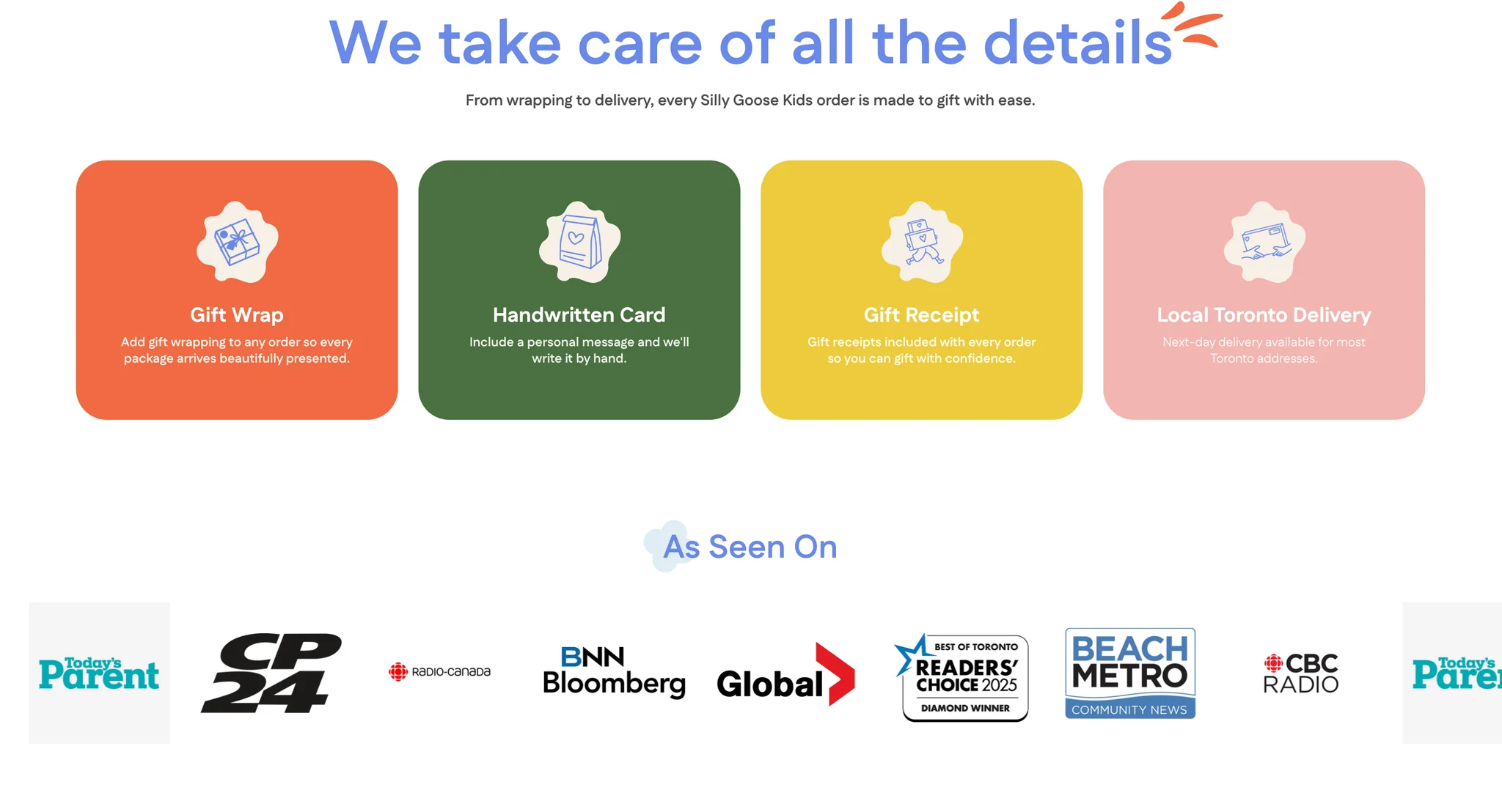 "We take care of all the details" with four rounded cards in orange, green, yellow and pink for Gift Wrap, Handwritten Card, Gift Receipt and Local Toronto Delivery, each with a cloud badge icon, above the As Seen On press logos