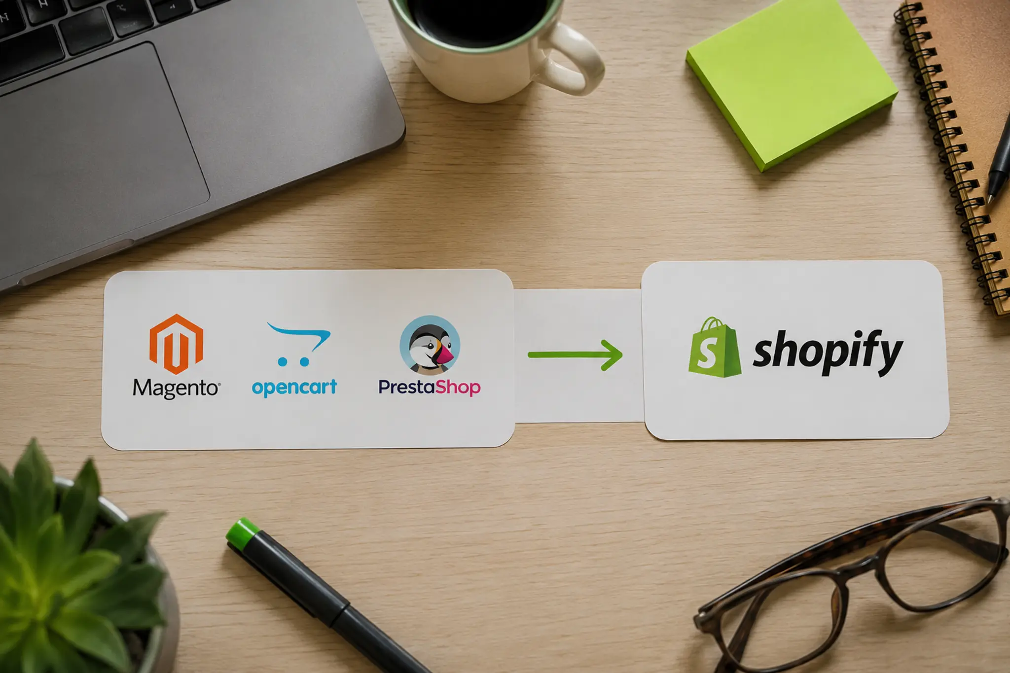 Migration from outdated platforms Magento, OpenCart, and PrestaShop to Shopify shown as logos with an arrow