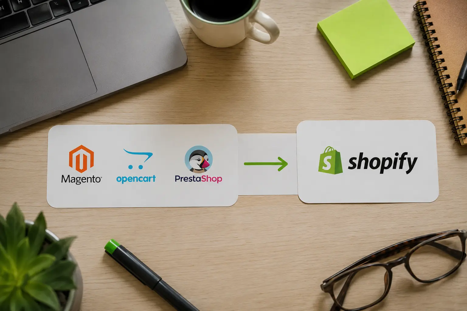 Migration from outdated platforms Magento, OpenCart, and PrestaShop to Shopify shown as logos with an arrow